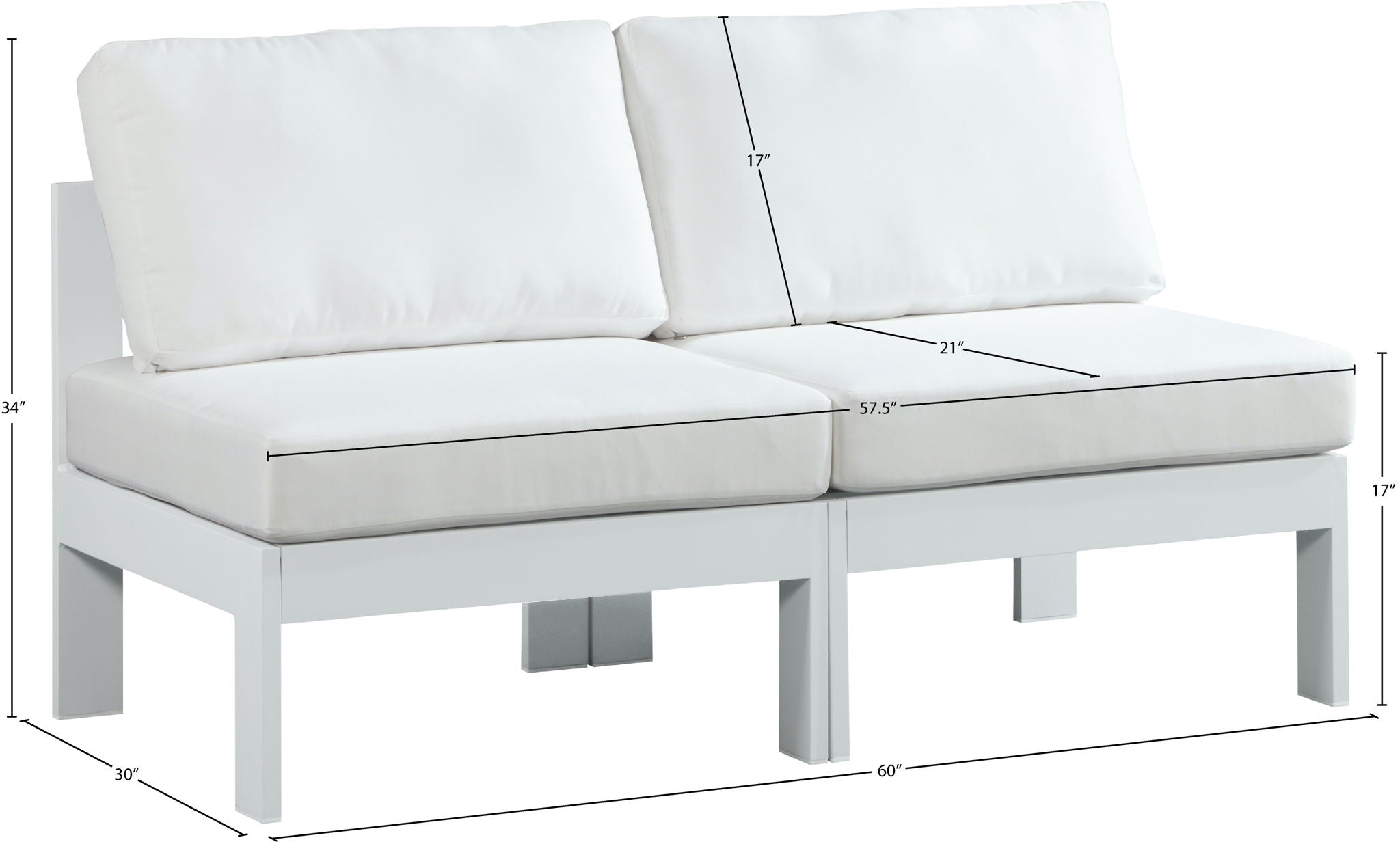 Nizuc - Outdoor Patio 2 Seat Armless Modular Sofa With White Frame