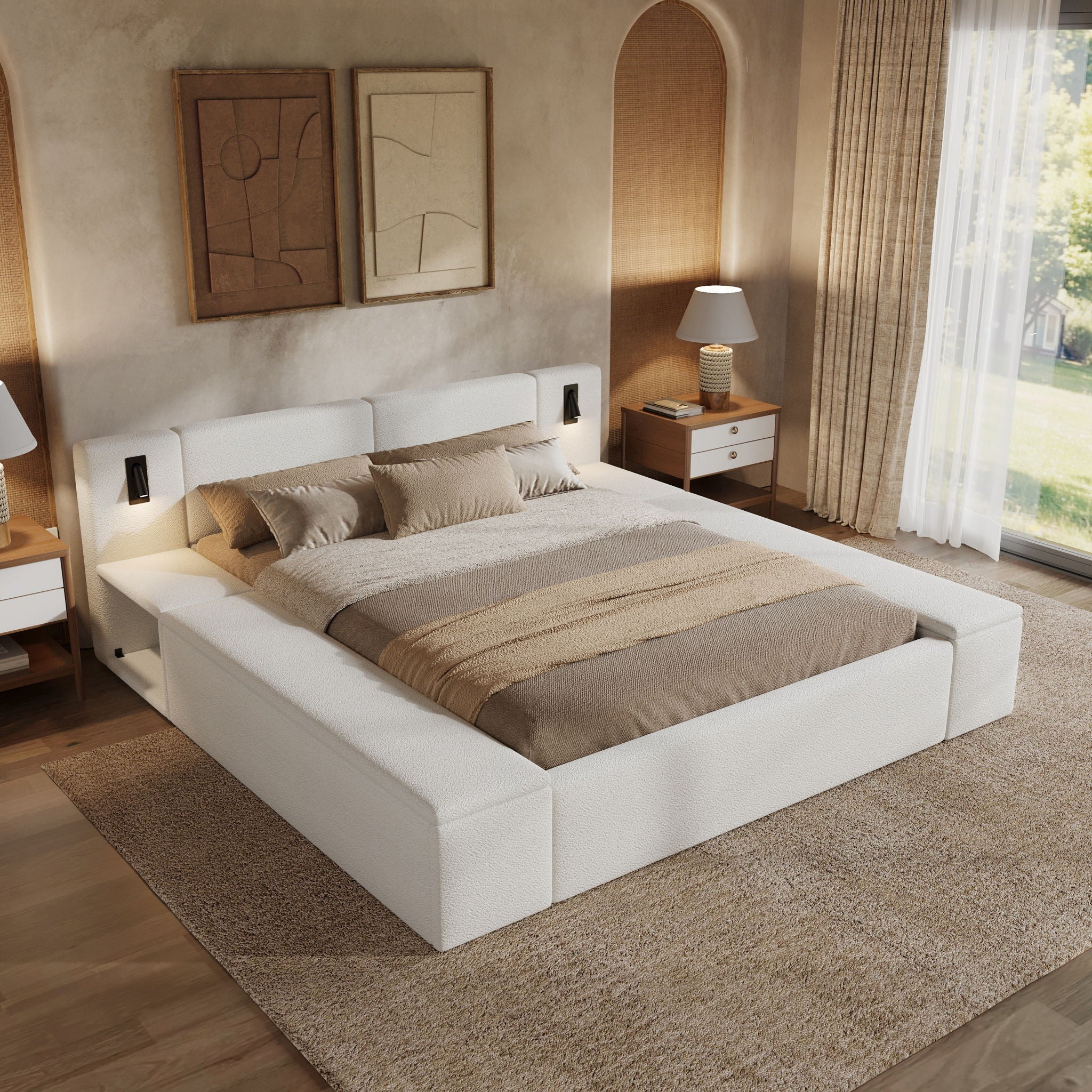 Upholstered Platform Bed Frame With Hidden Storage, Built-In Nightstands & LED Reading Lights