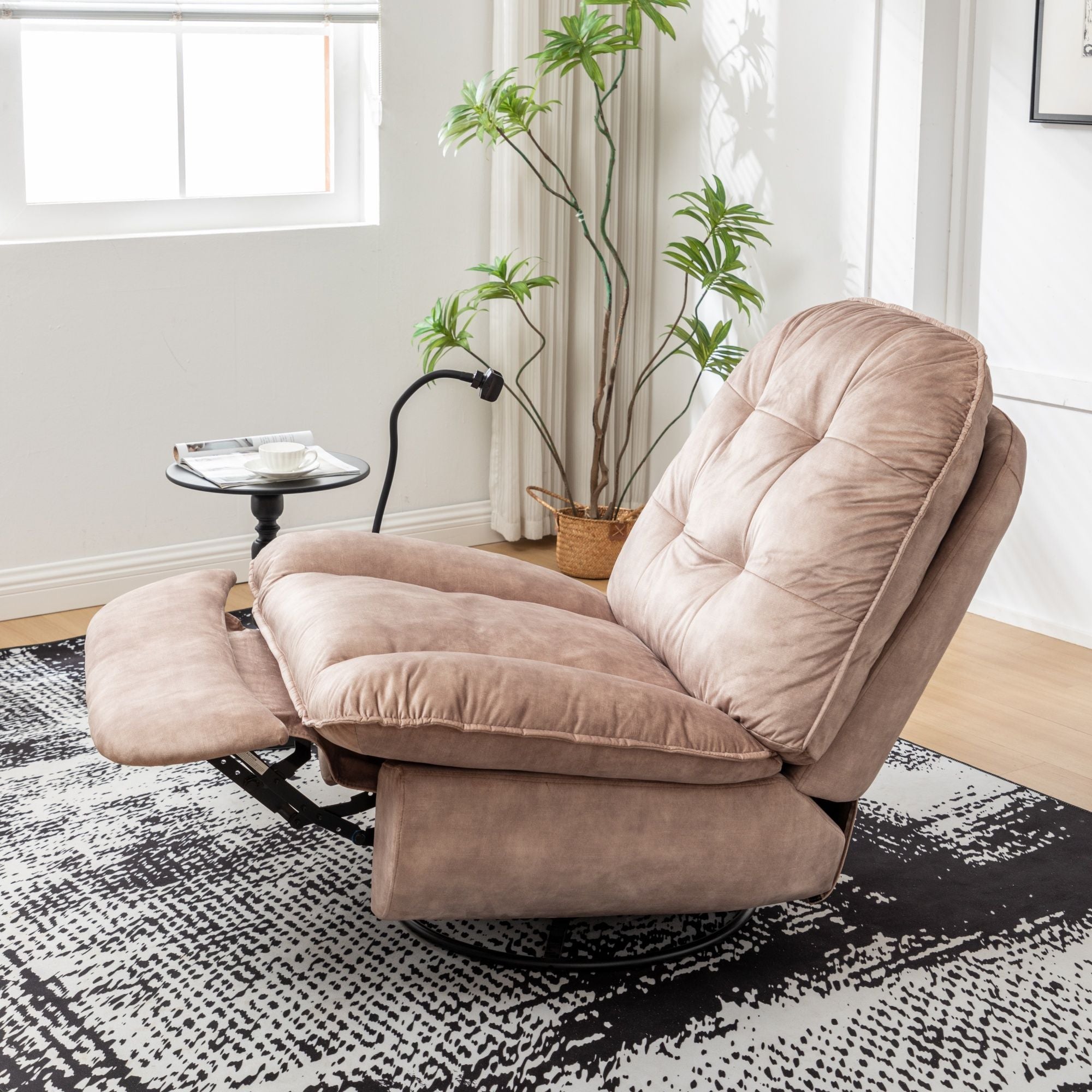Modern Swivel Gliding Recliner Chair With Rocking Function And Phone Holder - Large Comfortable Reading Chair Stamped Velvet - Natural Brown