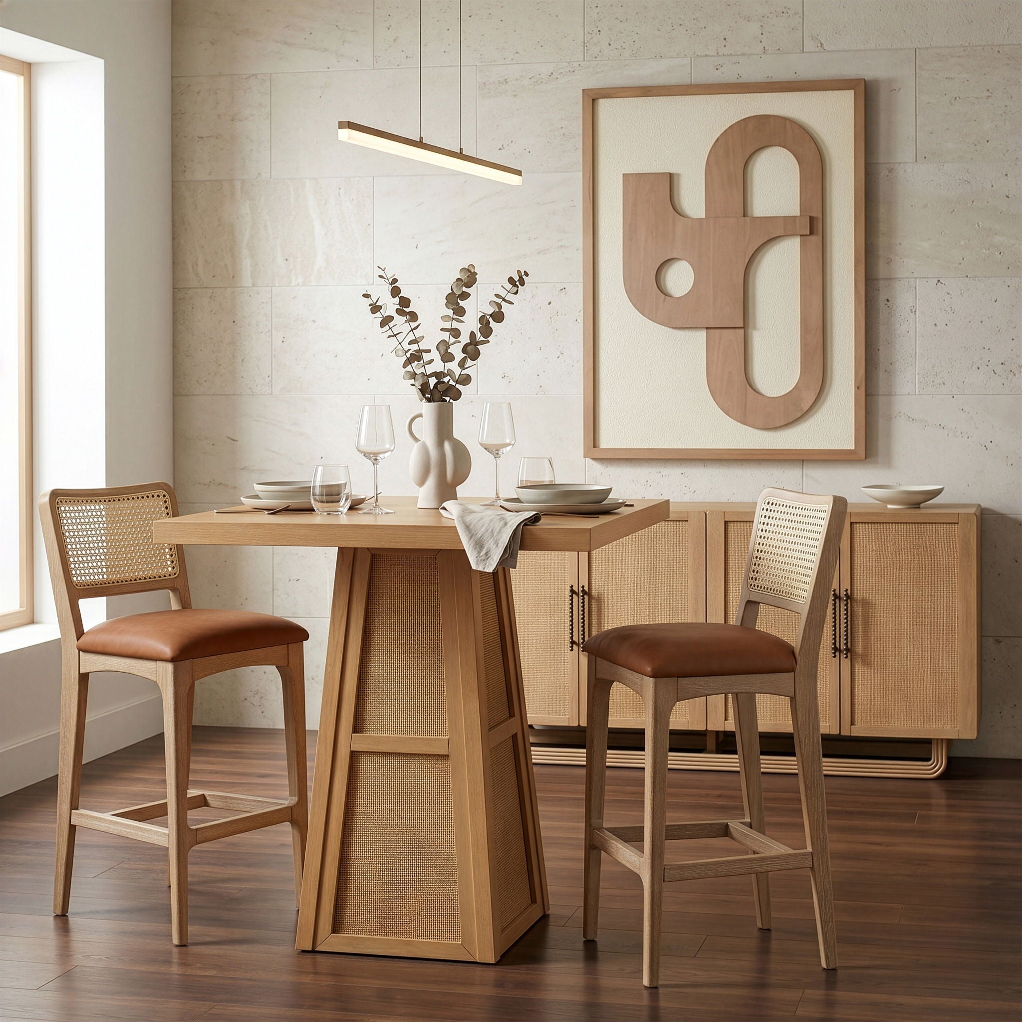 Fenwick - Cane, Oak Veneer And Solid Wood Bar Height Table