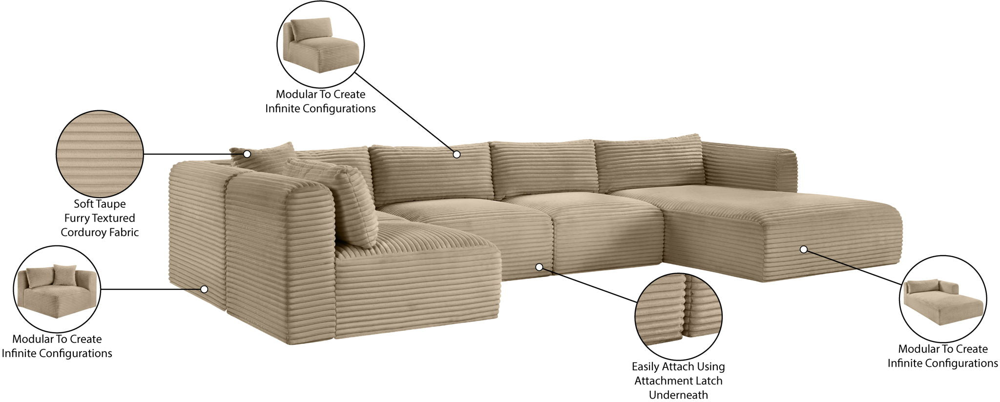 Shaggy - Fabric 5 Piece Modular U-Shaped Sectional