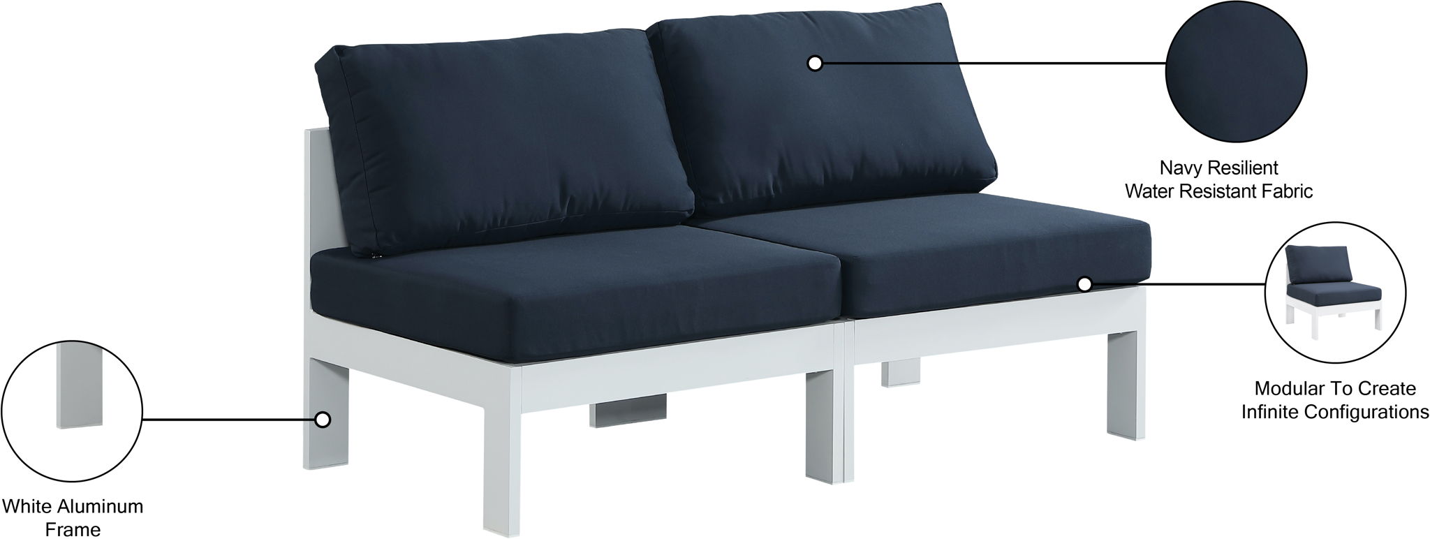 Nizuc - Outdoor Patio 2 Seat Armless Modular Sofa With White Frame