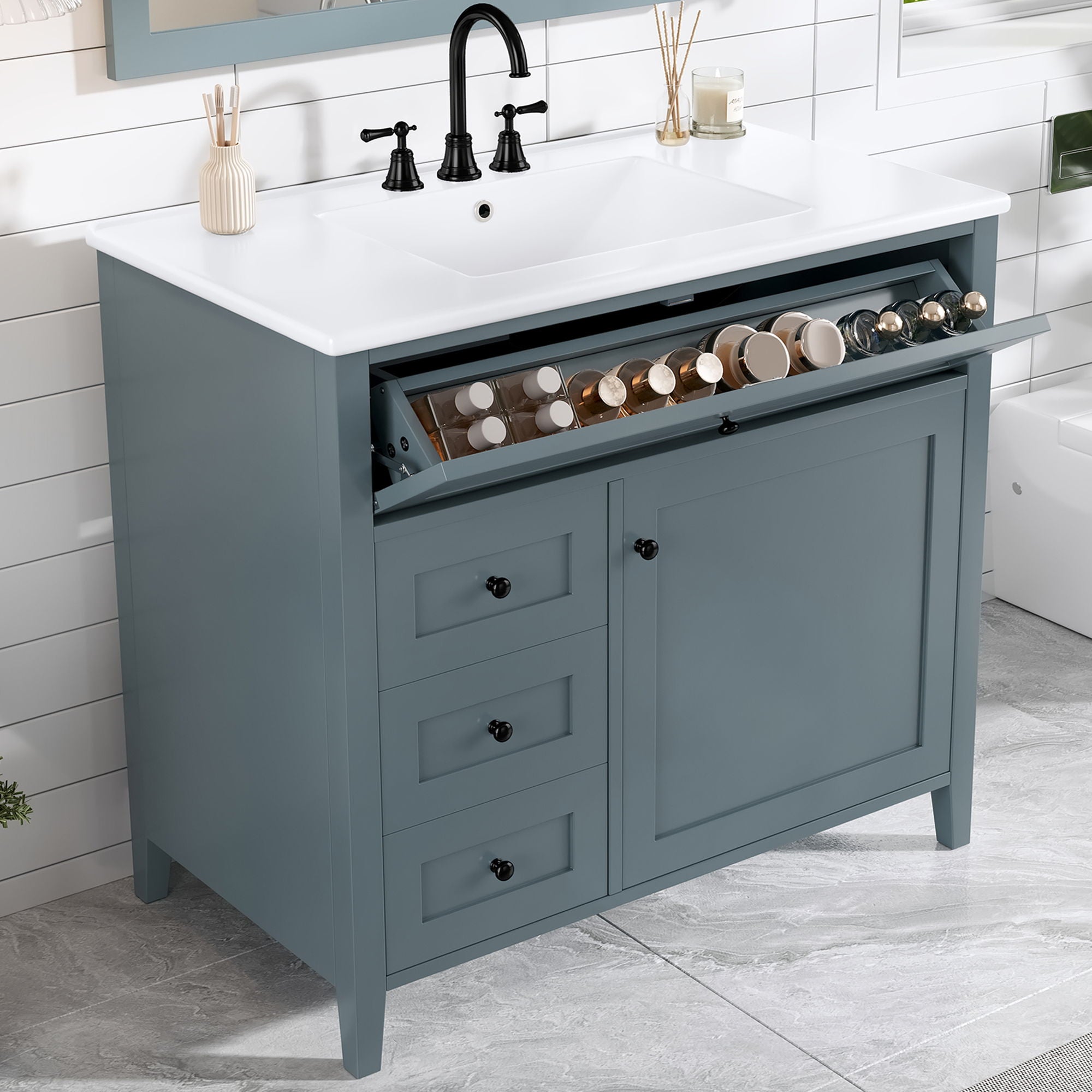 Bathroom Vanity With Sink, 3 Drawers & Cabinet With Adjustable Shelves