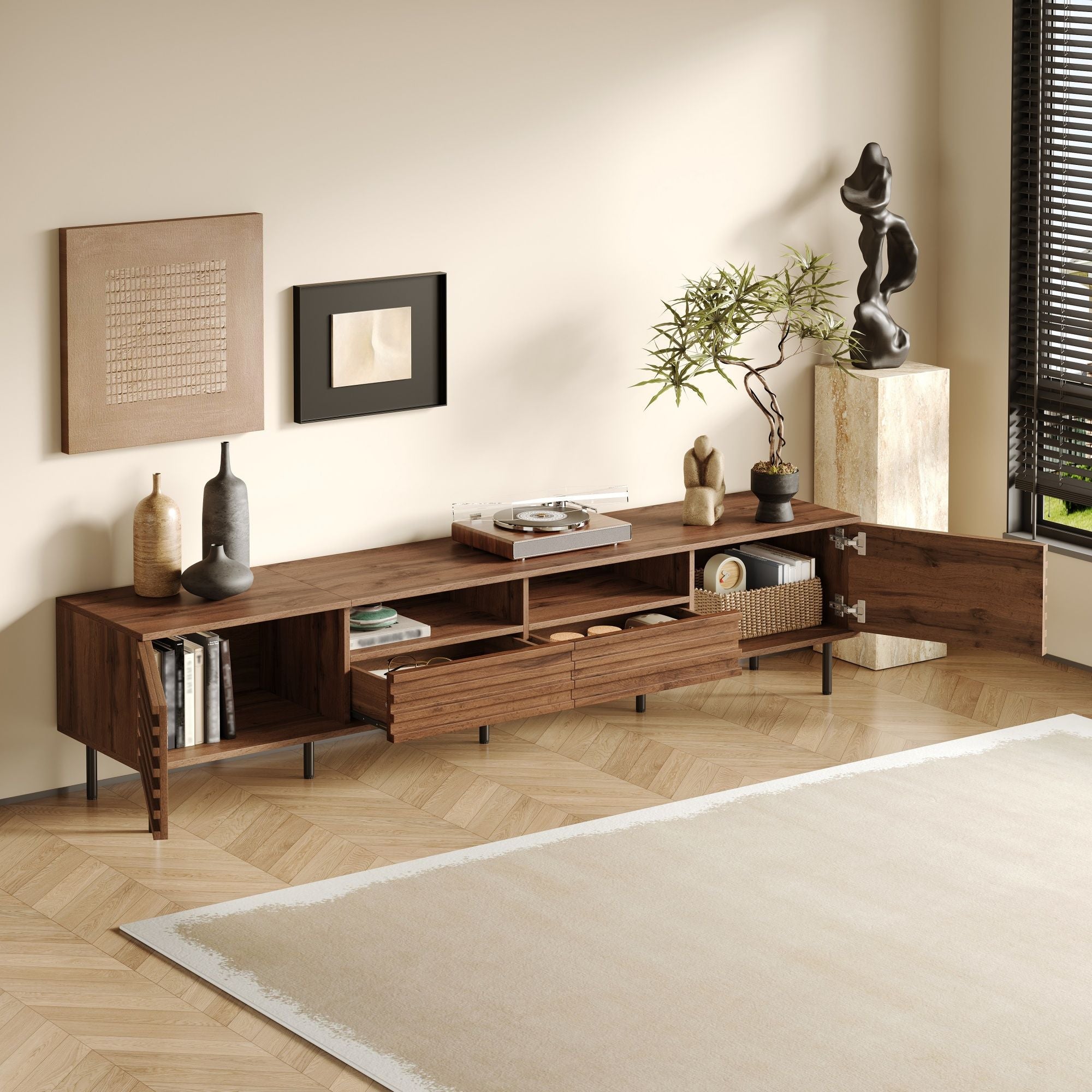TV Stand For TVs Up To 85" With Closed Storage, Soft Closing Hinges - Walnut