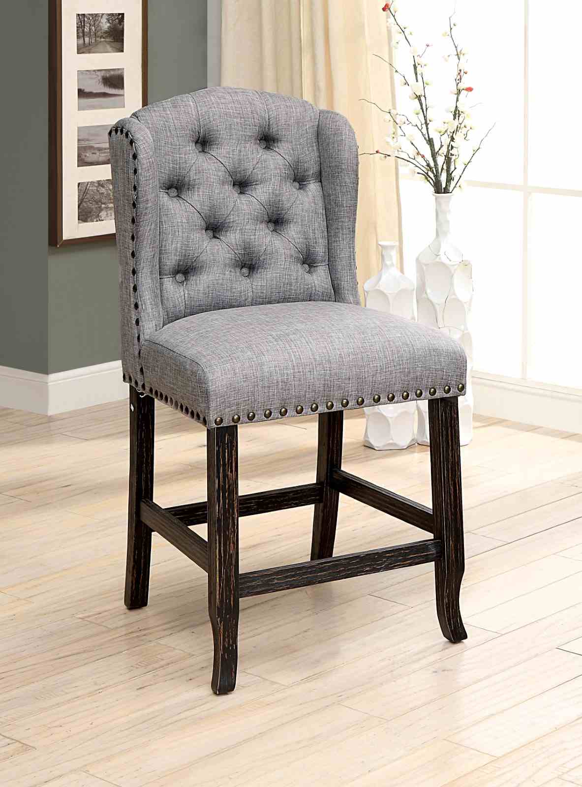 Sania Antique Black/Light Gray Rustic Fabric Counter Height Chair, Set of 2