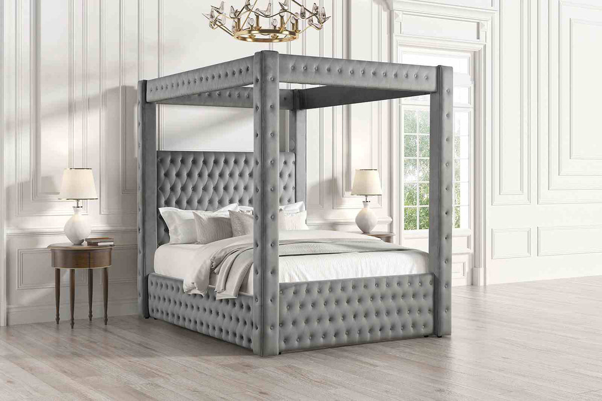 Etherea Gray Queen Upholstered Platform Poster Bed