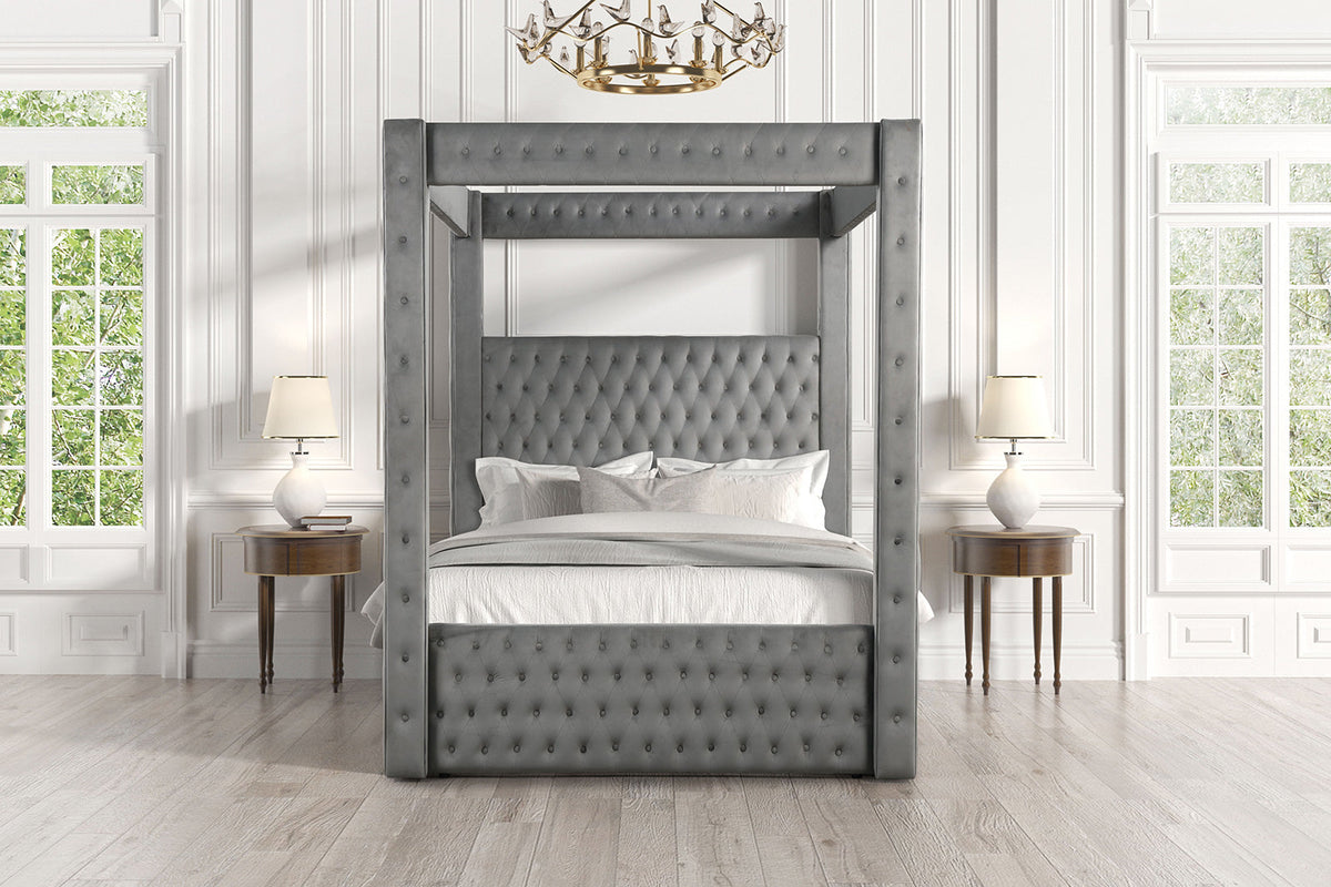 Etherea Gray Queen Upholstered Platform Poster Bed