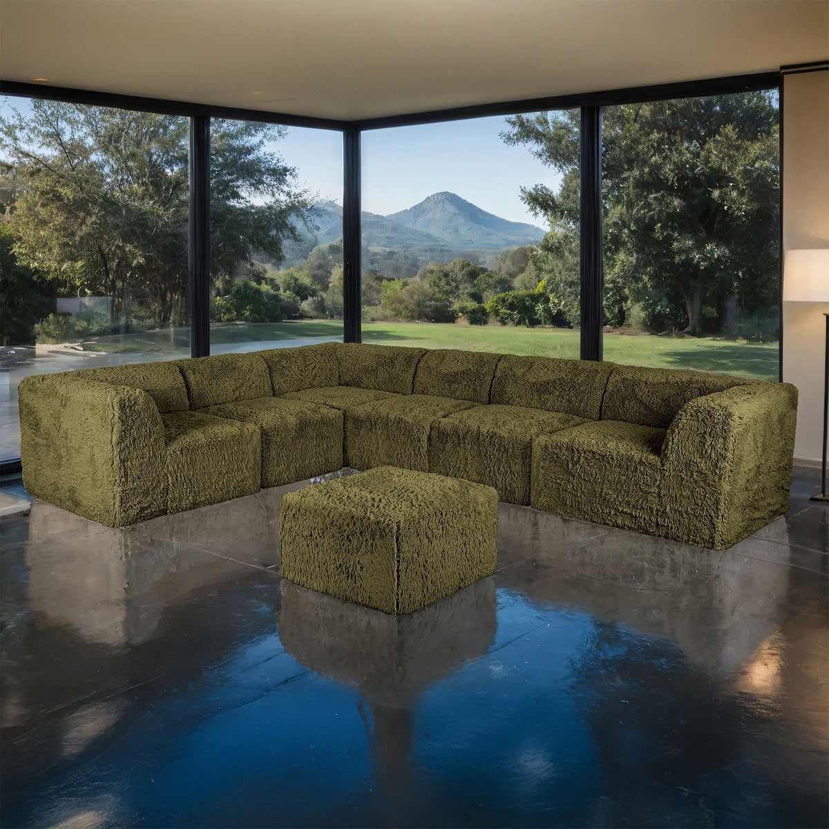 Nappi Olive Green Compressed Foam 7-Piece Sectional with Ottoman