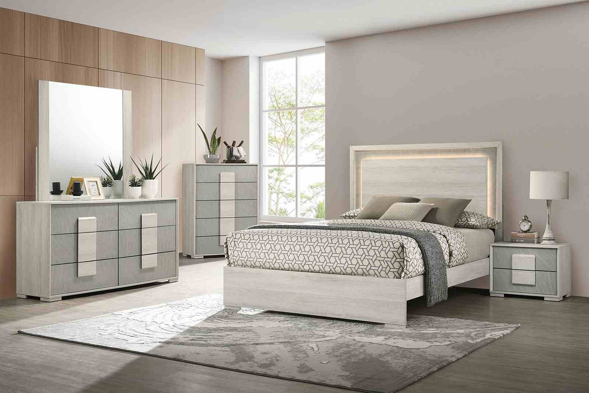 Lincolt Whitewash/Stone Gray LED Queen Panel Bed