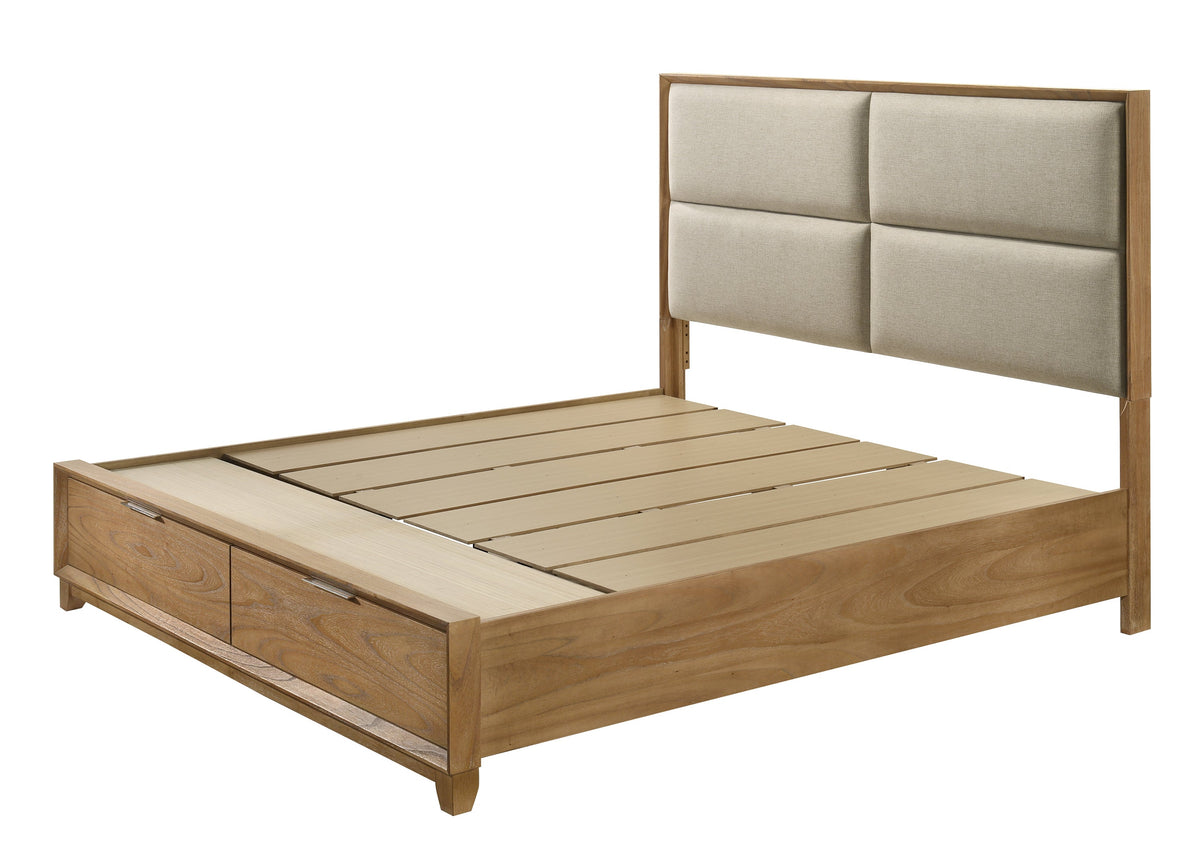 Florian Natural Wood Upholstered Queen Storage Platform Bed