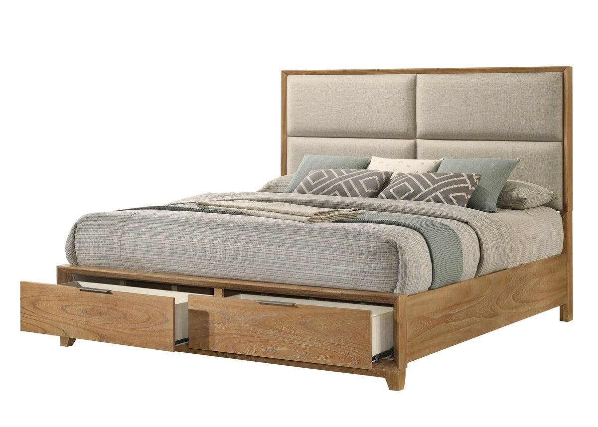 Florian Natural Wood Upholstered Queen Storage Platform Bed