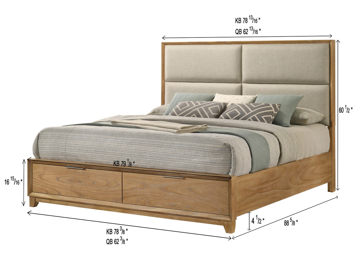 Florian Natural Wood Upholstered Queen Storage Platform Bed