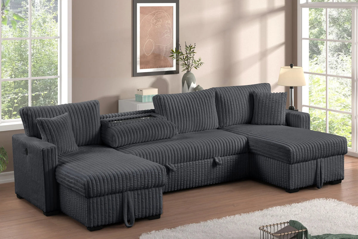 July Charcoal Double Storage Chaise Sectional With Pull-Out Bed