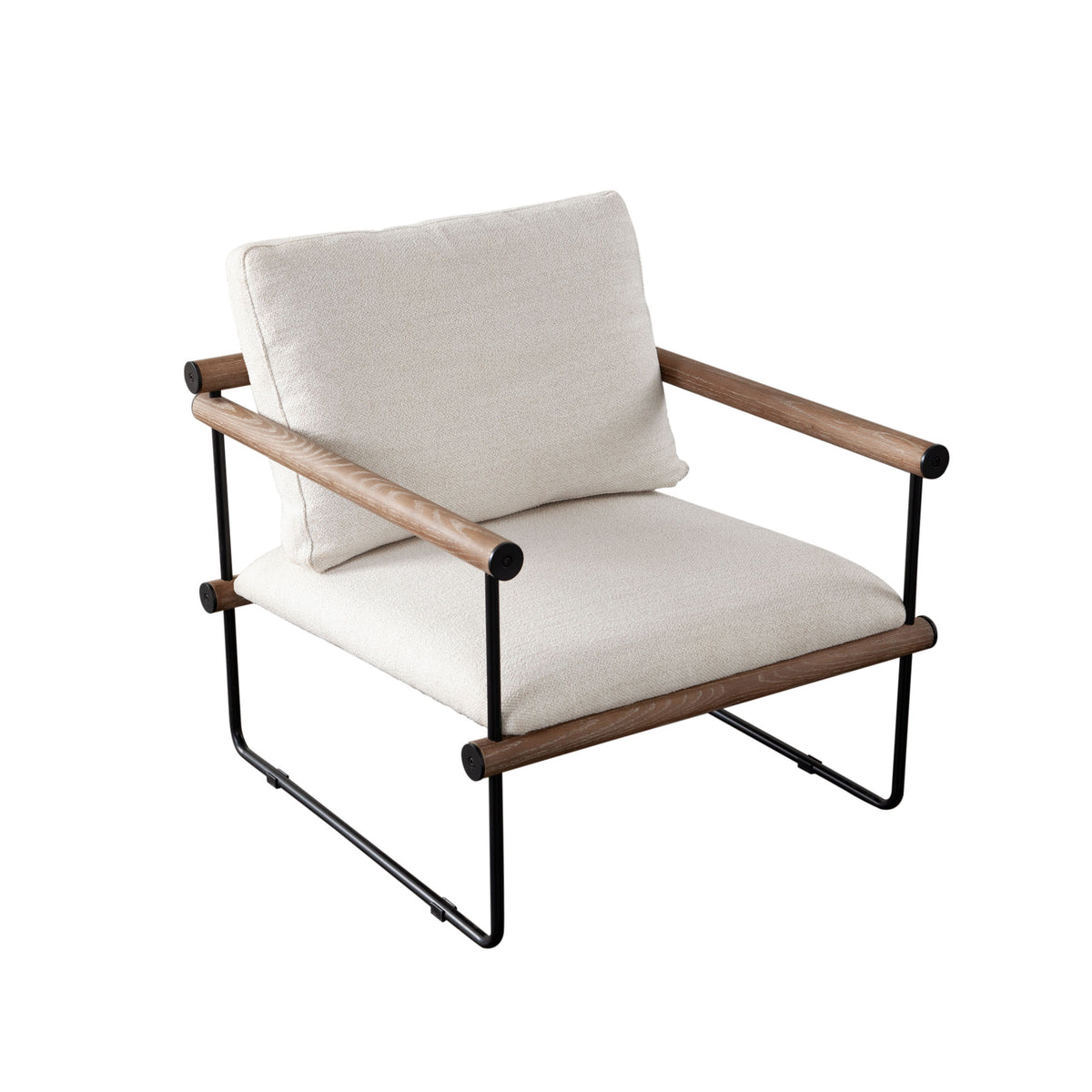 Liam Accent Chair in Cream Fabric w/ Metal Frame & Wood Arm