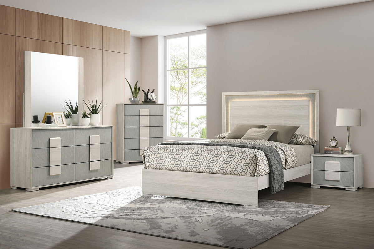 Lincolt Whitewash/Stone Gray LED Queen Panel Bed