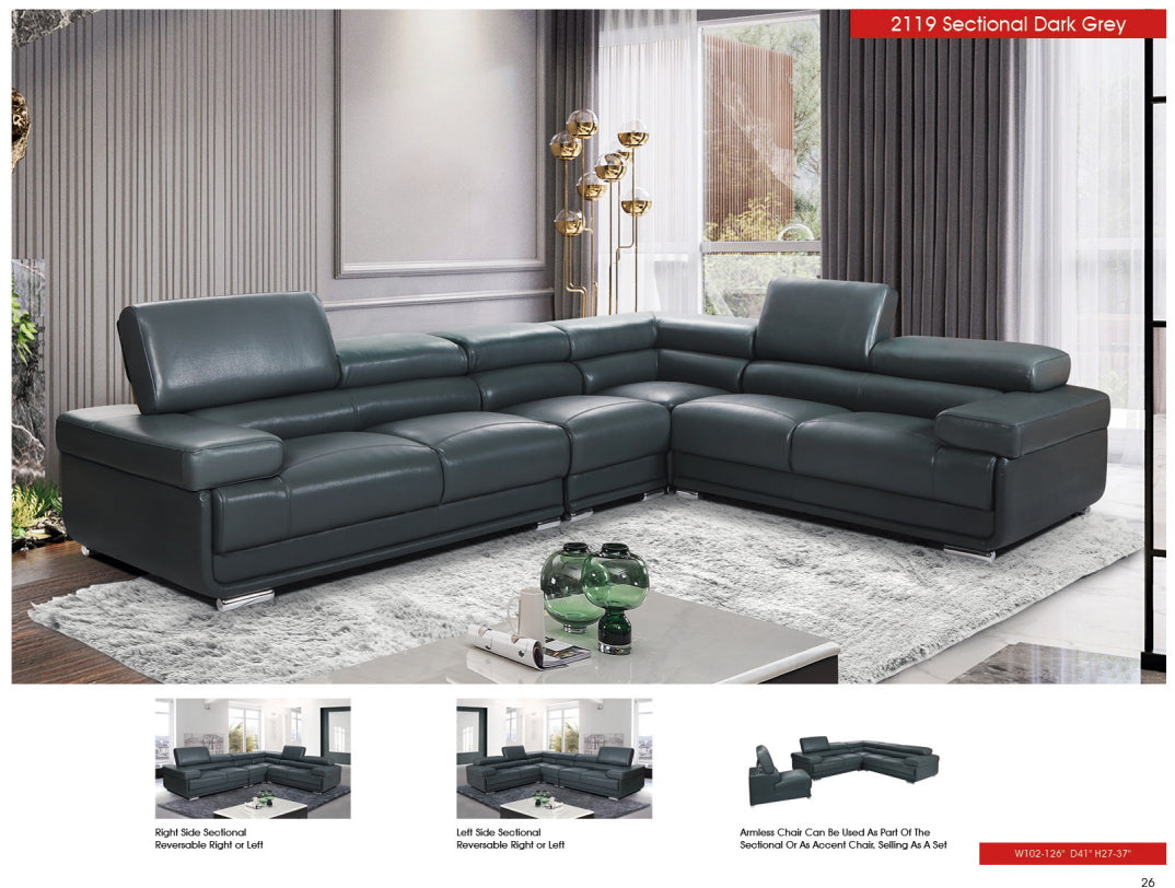 2119 Dark Grey 4-Piece Top-Grain Leather Sectional