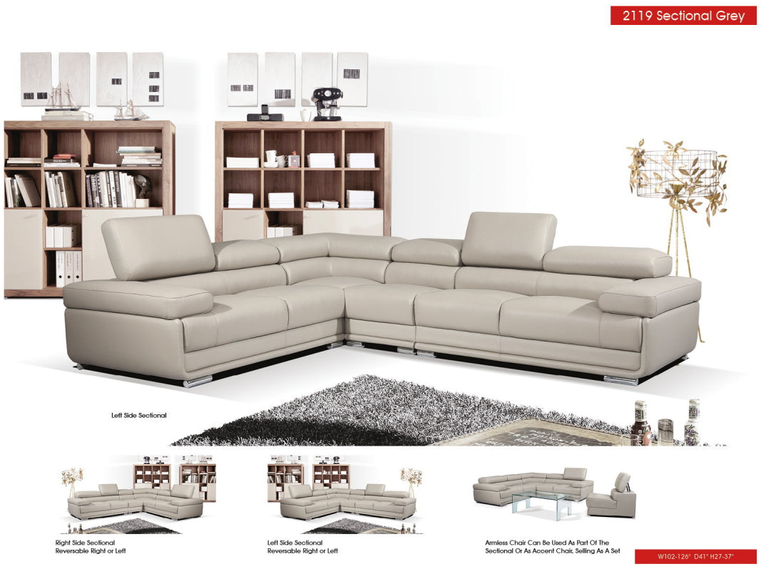 2119 Gray 4-Piece Top-Grain Leather Sectional