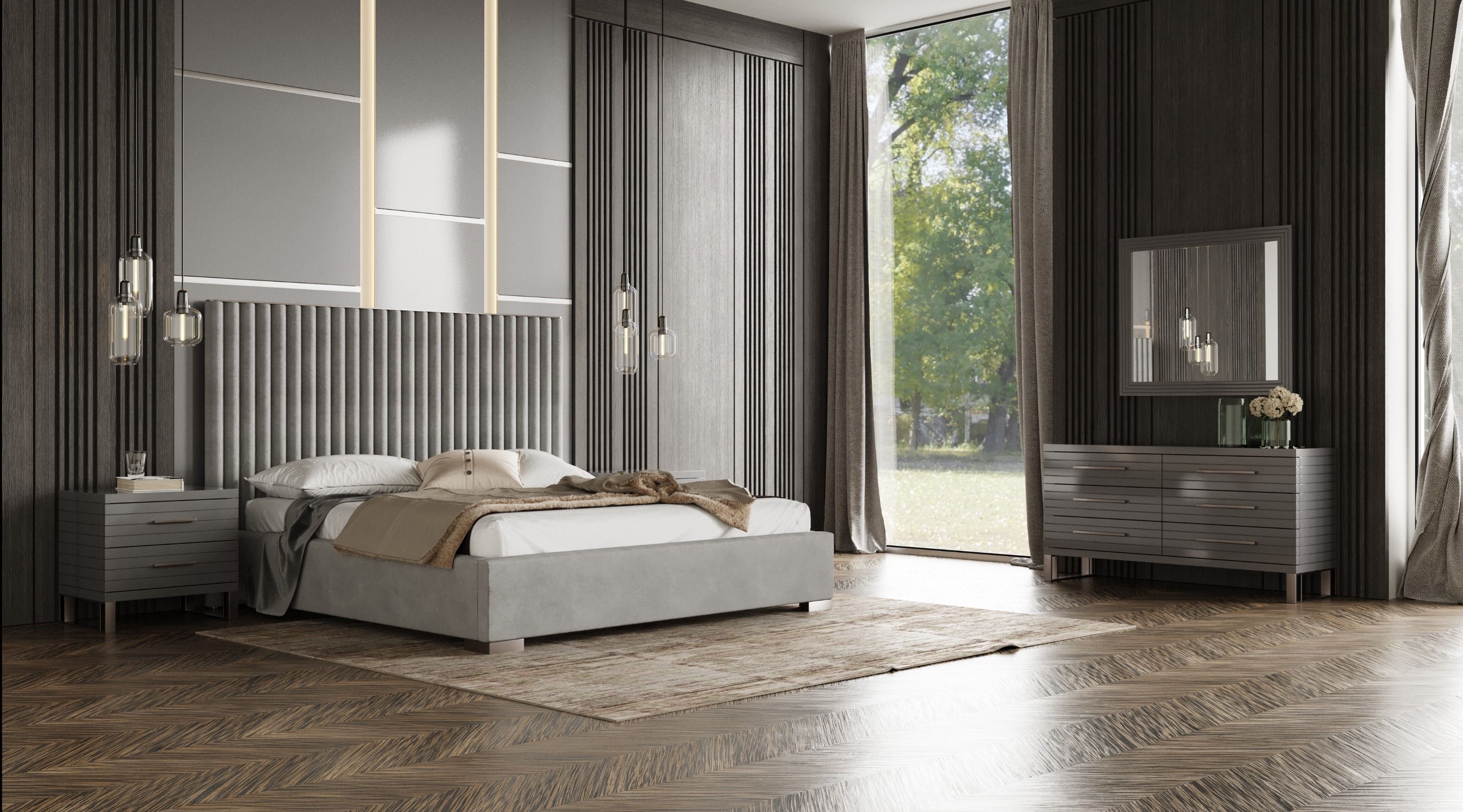 Modrest Splendor - Silver & Grey Velvet Upholstered Platform Bed Set