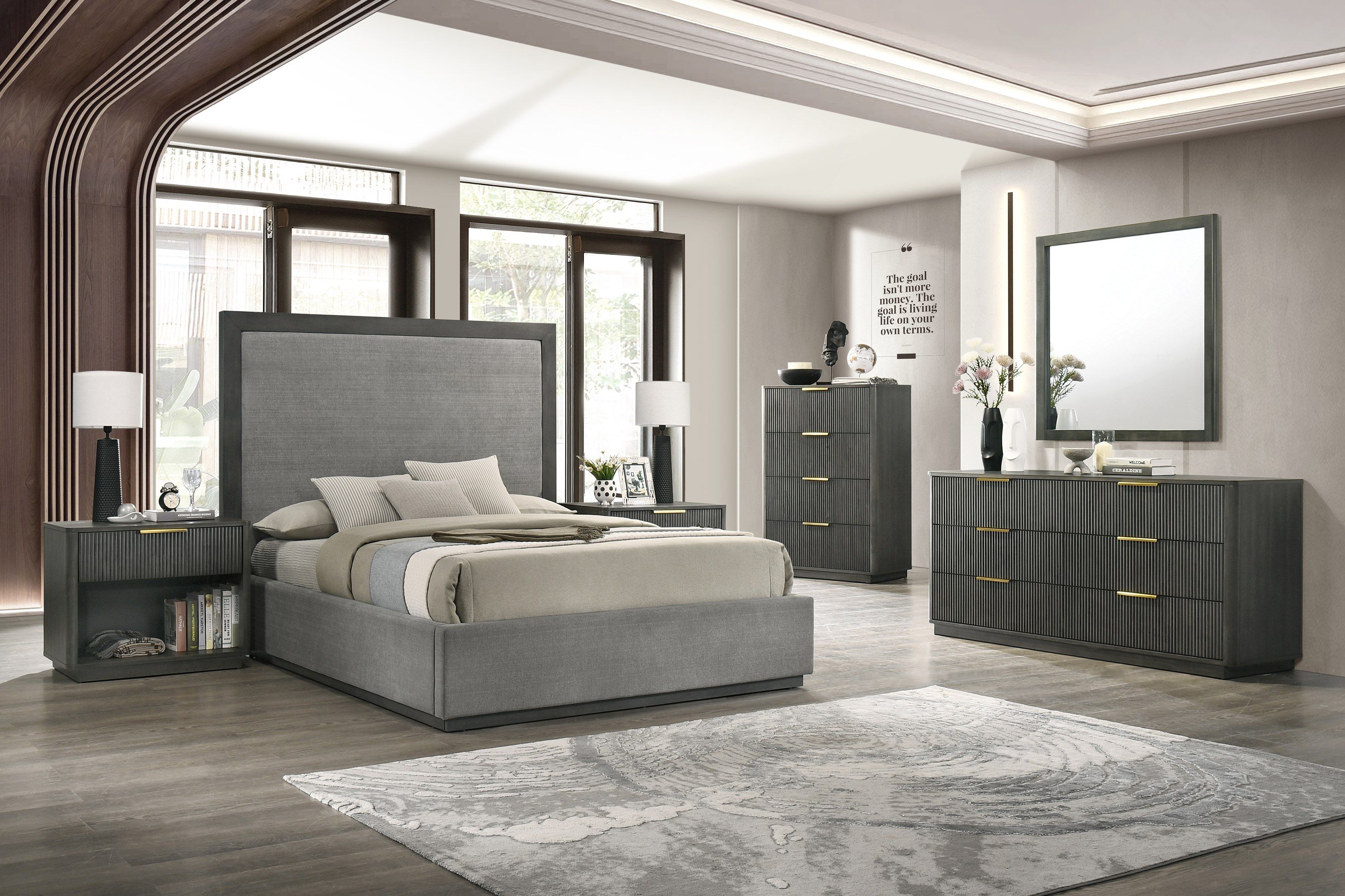 Nova Domus Santa Barbara + Santa Monica - Modern Grey Fabric + Grey Wash Bedroom Set
