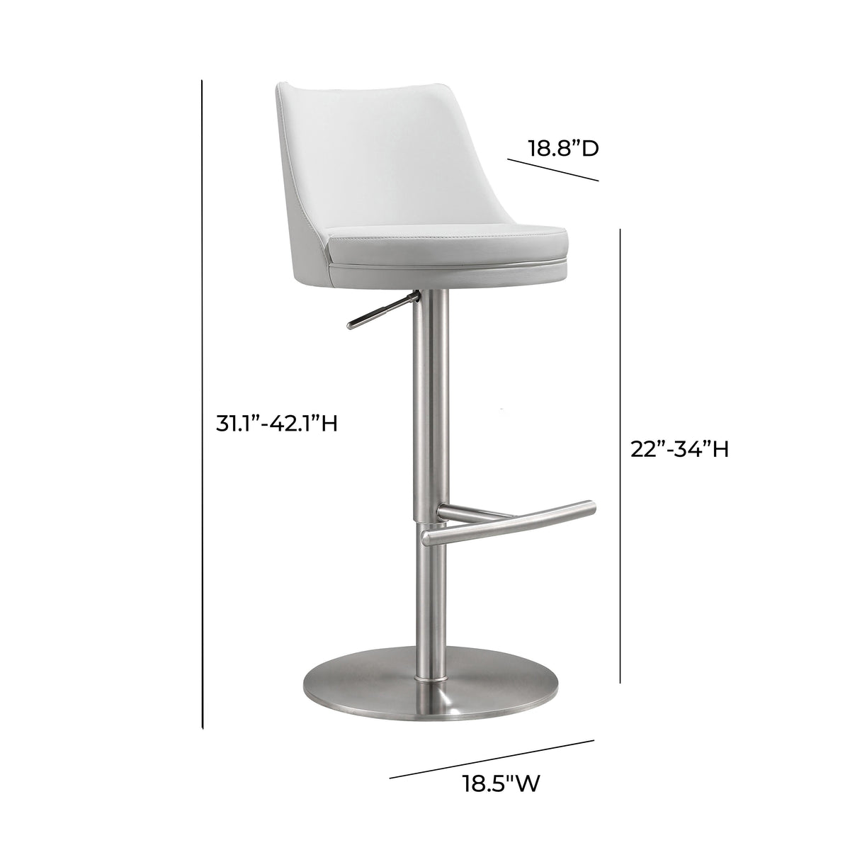 Reagan White Performance Vegan Leather and Silver Adjustable Stool