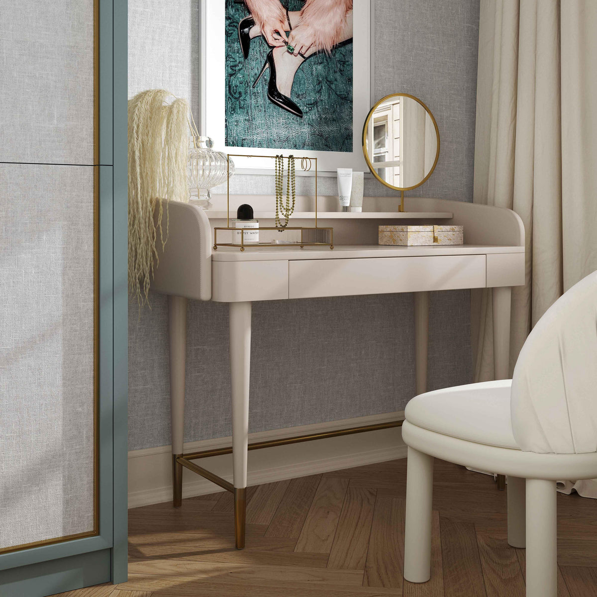 Penelope Taupe Vegan Leather Wrapped Vanity Desk - UK