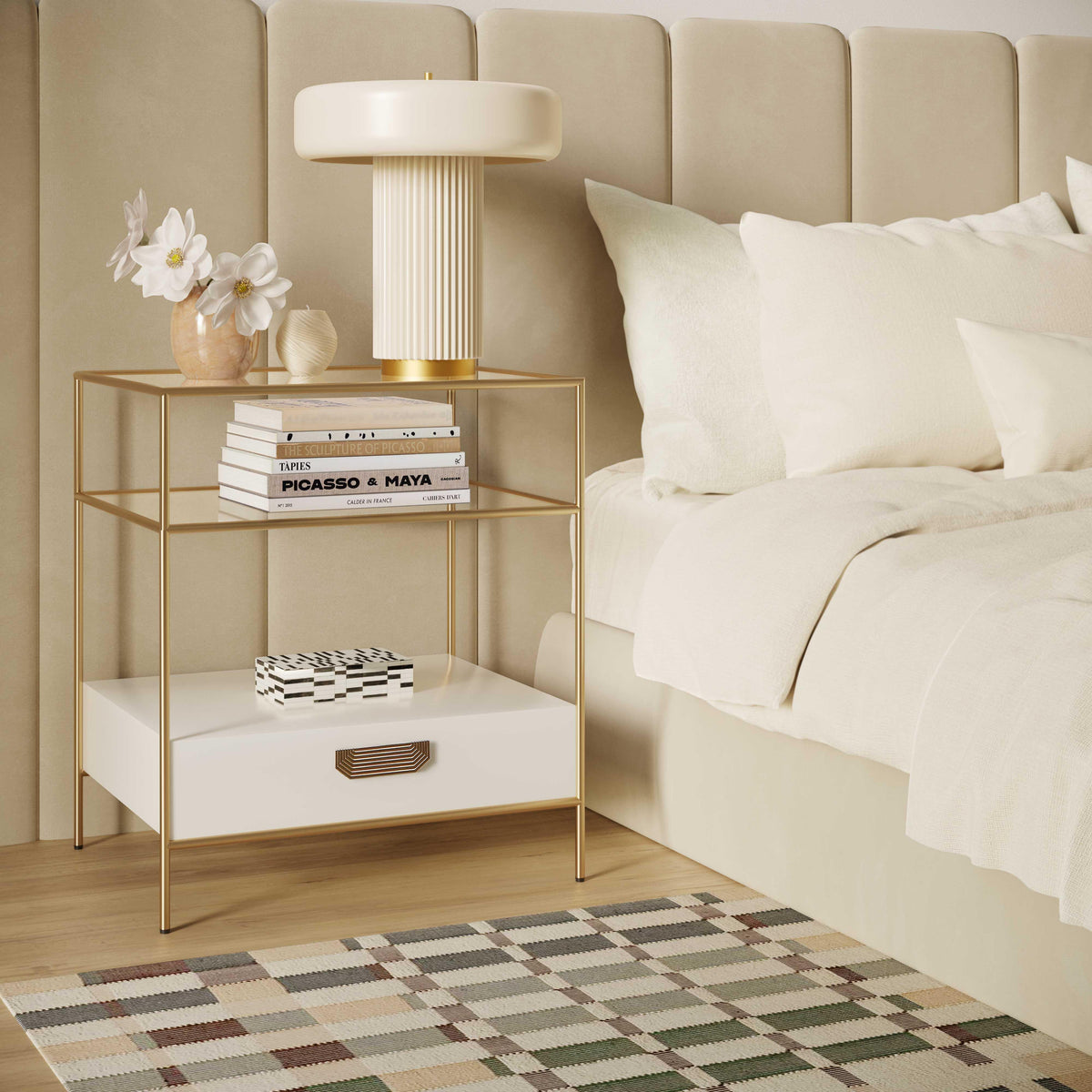 Darla Cream Glass Nightstand - UK