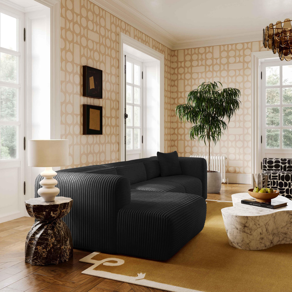 Tarra Fluffy Black Corduroy Modular Sectional