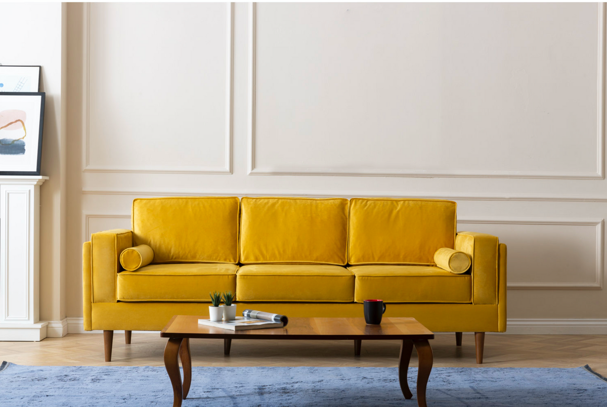 Troya Mustard Velvet Sofa With Reversible Cushions