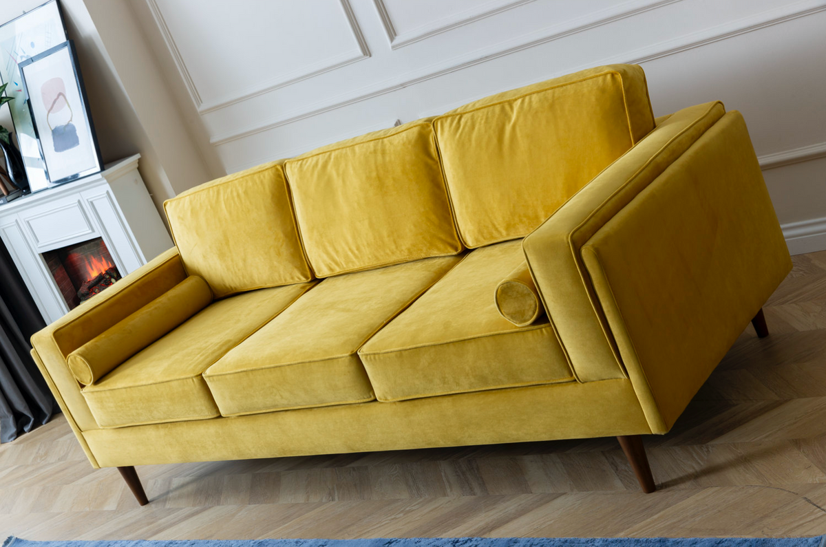 Troya Mustard Velvet Sofa With Reversible Cushions