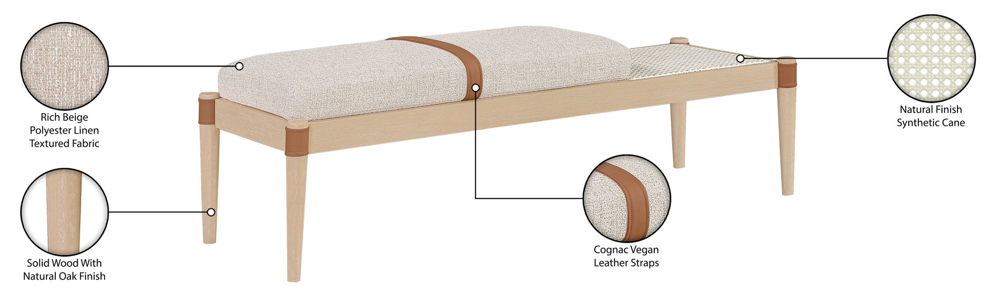 Nara - Linen Textured Fabric Upholstered Bench - Painted Natural
