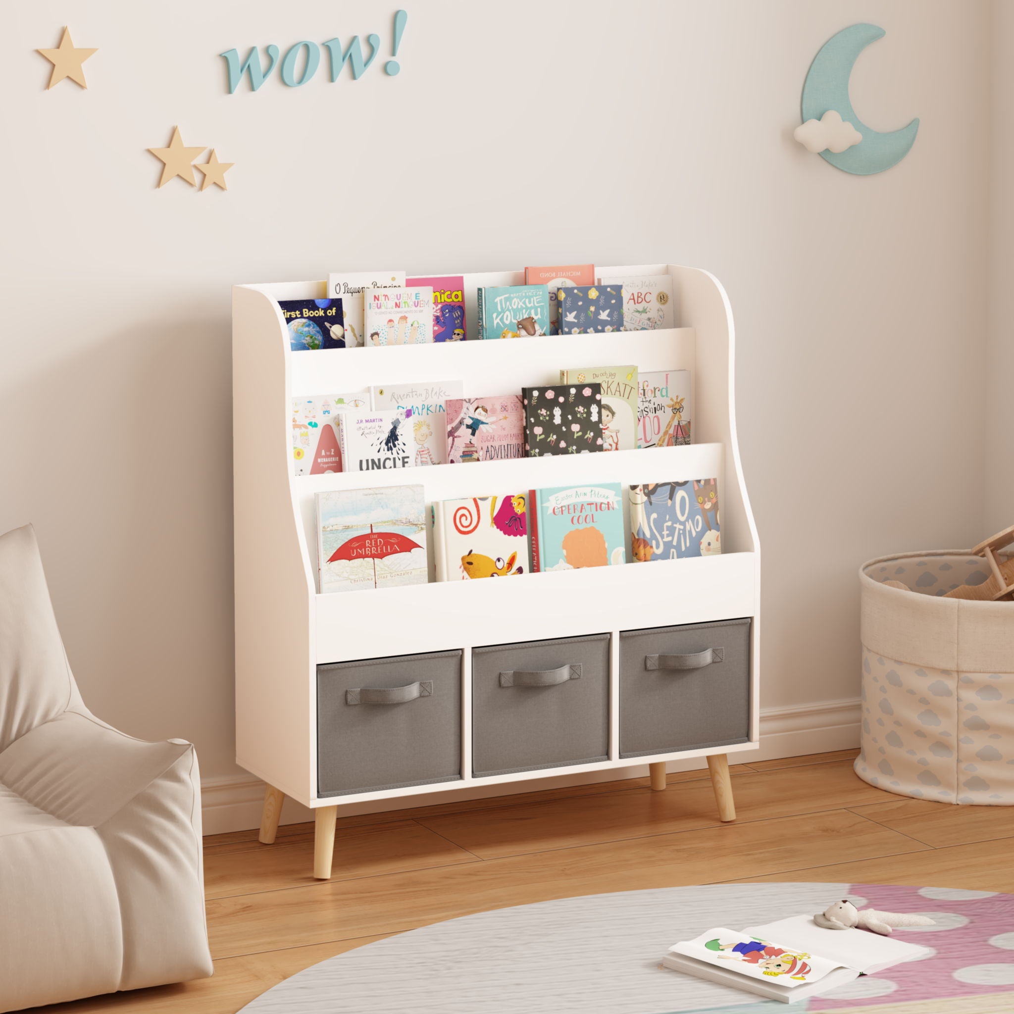 Bookshelf With 3 Bins, Storage Shelf For Toys And Books