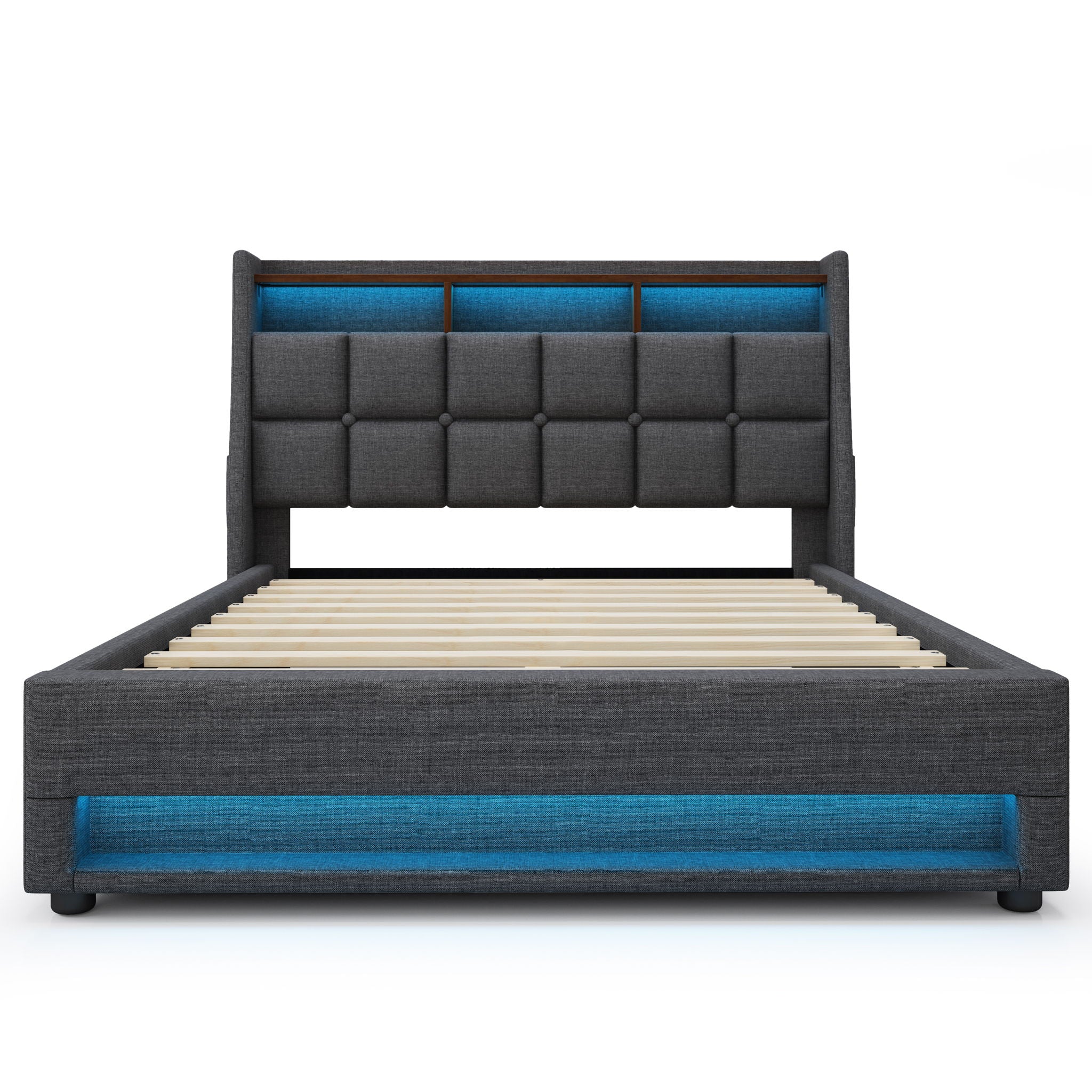 Platform Bed With Hydraulic Storage, LED Lighting & Charging Station