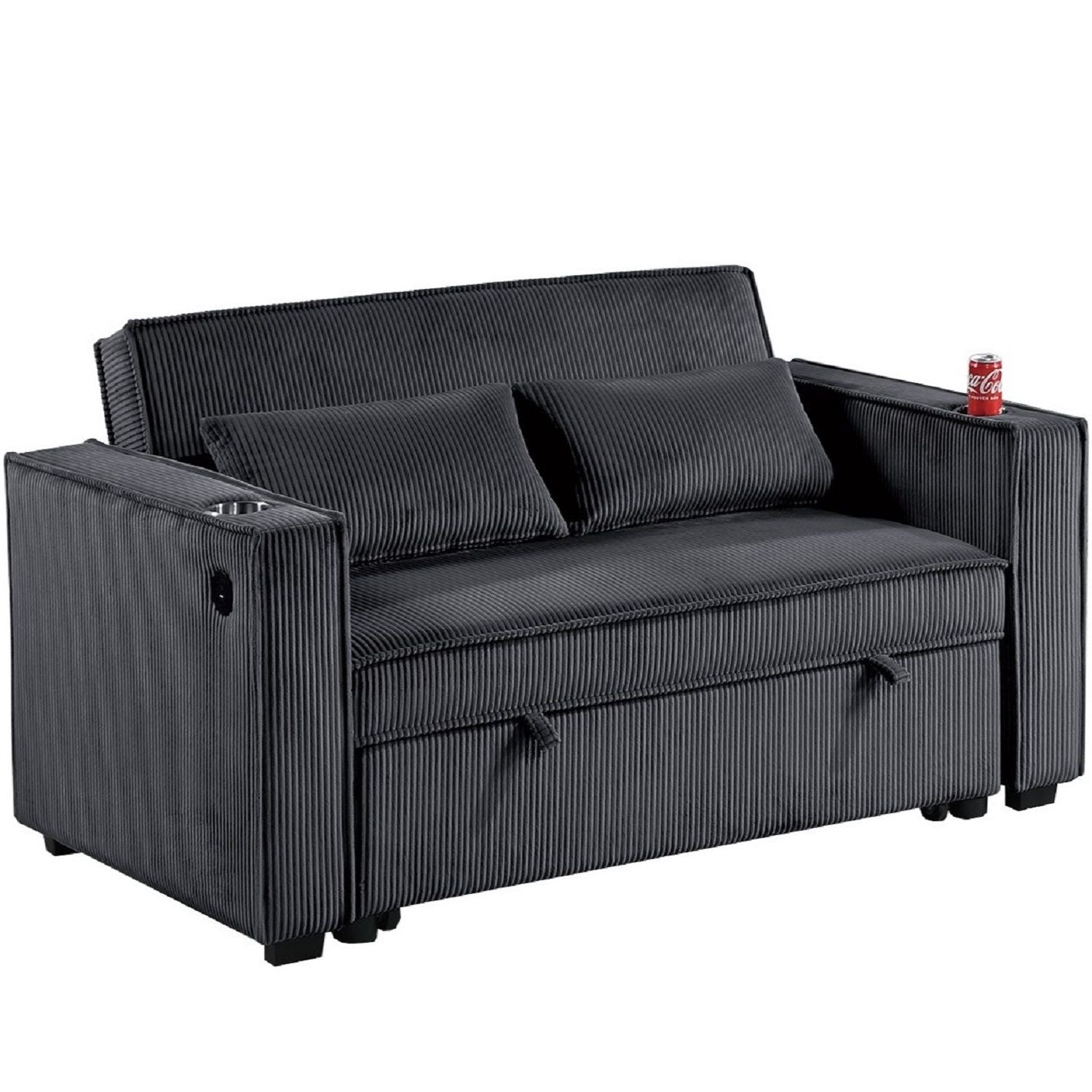 Modern Style Convertible Sofa With Pull-Out Bed, USB Ports & Cup Holders