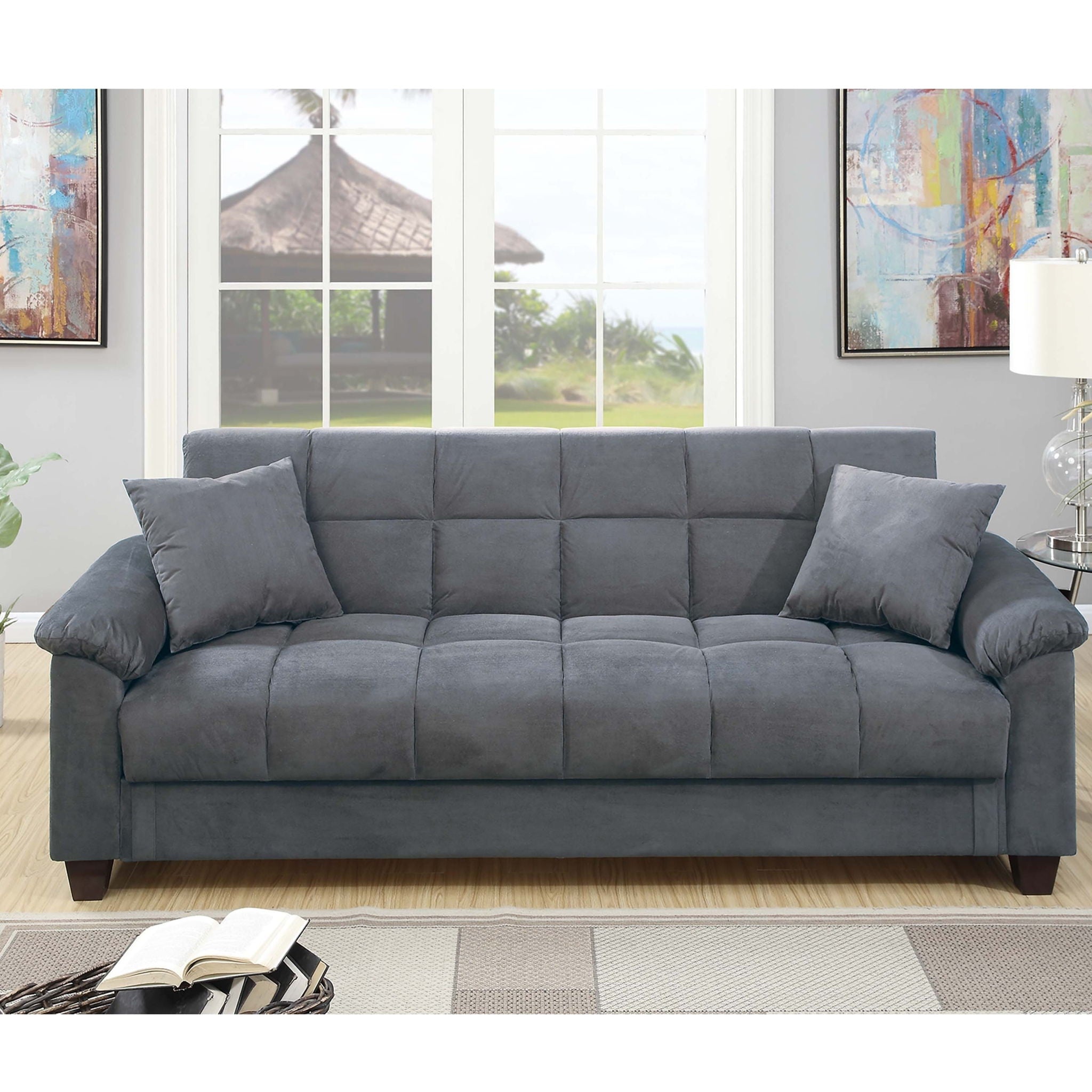 Adjustable Sofa With Hidden Storage And USB Port, Plush Cube Pattern Couch With Pillows - Gray