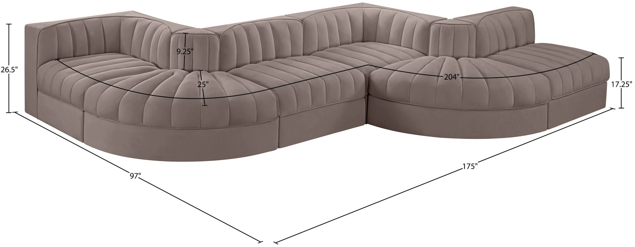 Rummi - Rounded Velvet Performance Fabric Upholstered 6 Piece Modular Sectional
