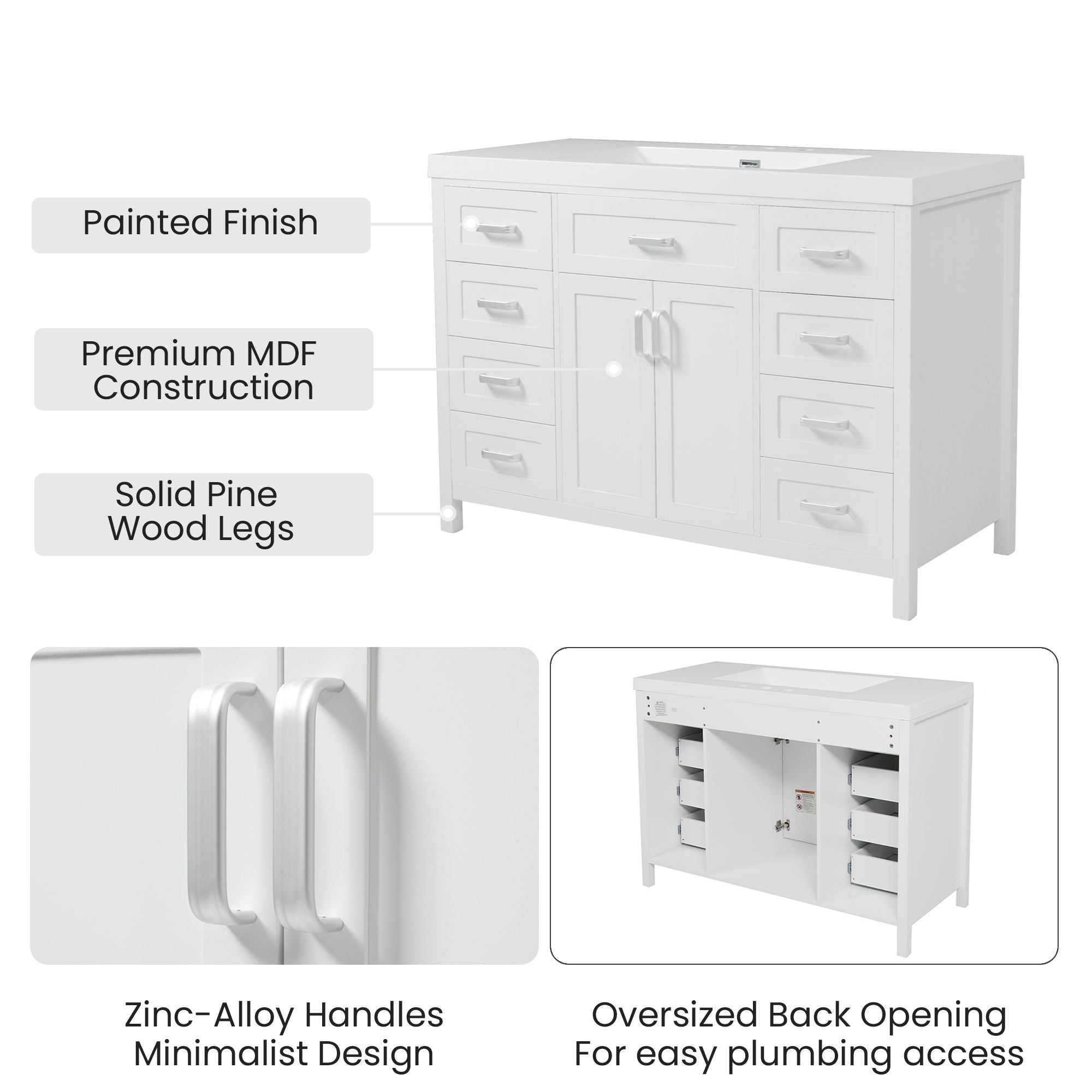 Bathroom Vanity Cabinet Only With 2 Soft Close Doors And 8 Drawers - White