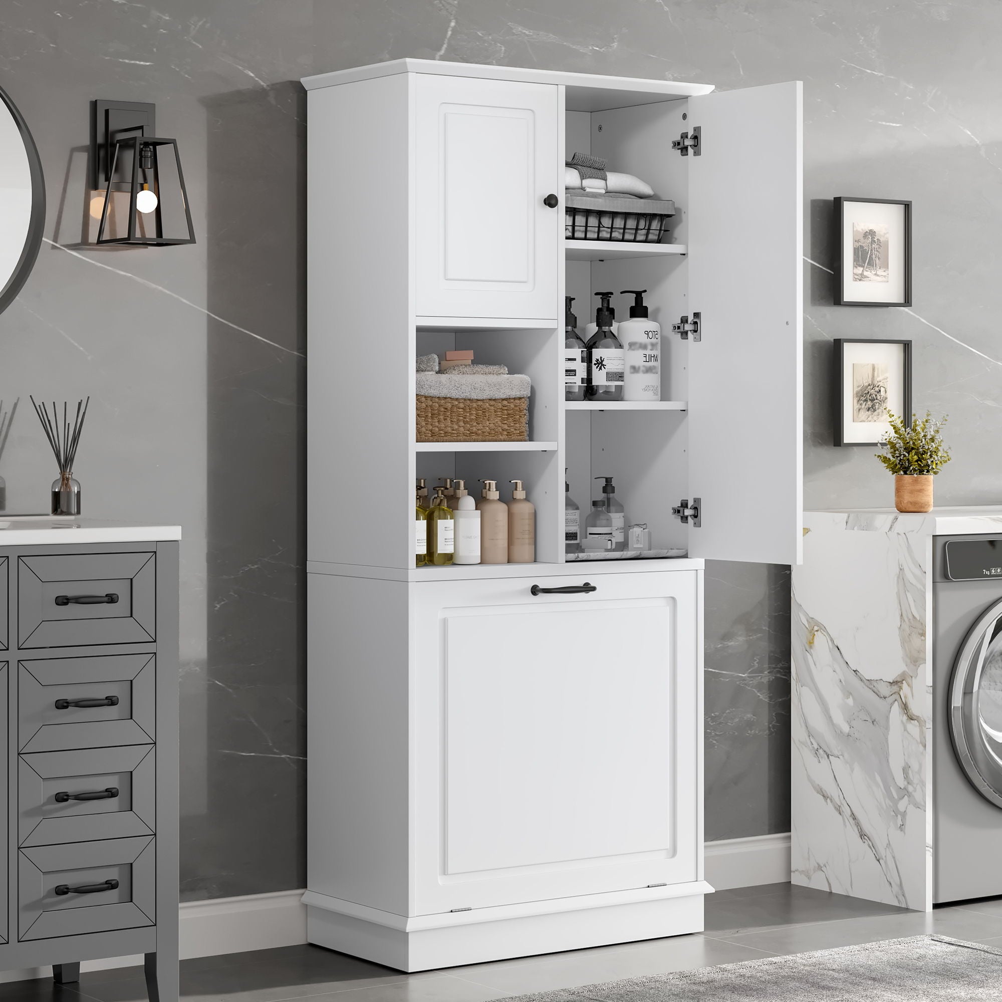 Modern Tall Storage Cabinet With Adjustable Shelves, Flip-Out Basket & Enclosed Doors