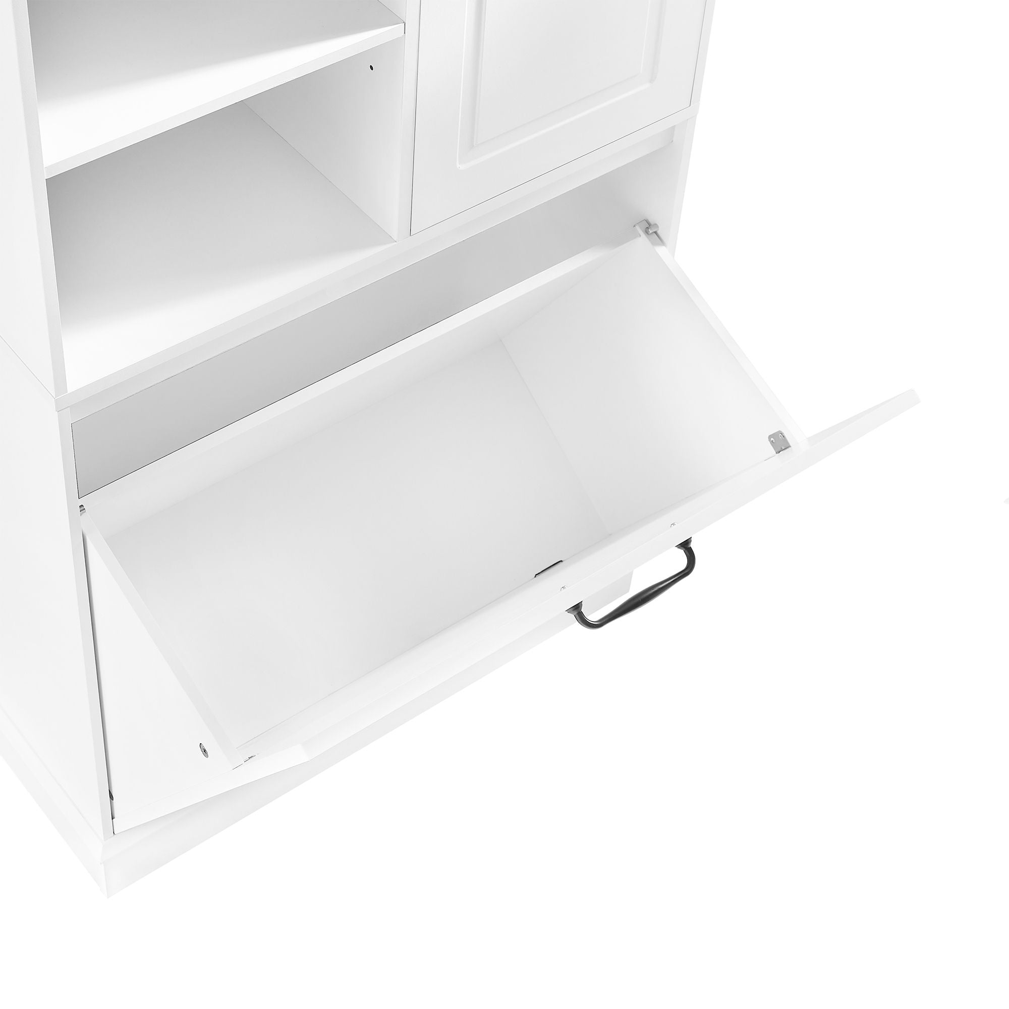 Modern Tall Storage Cabinet With Adjustable Shelves, Flip-Out Basket & Enclosed Doors