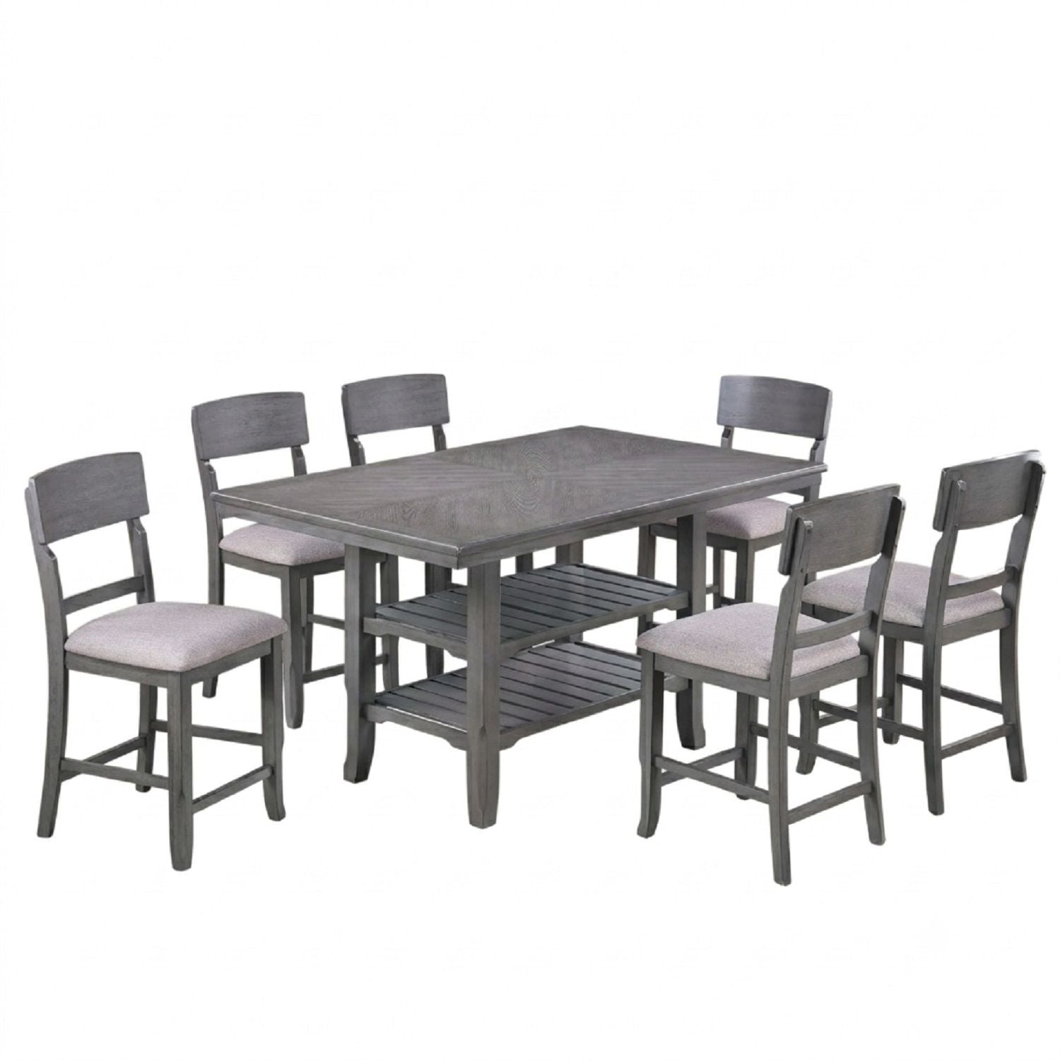 7 Piece Counter Height Dining Set With Storage Shelves, Table & 6 High Chairs - Gray