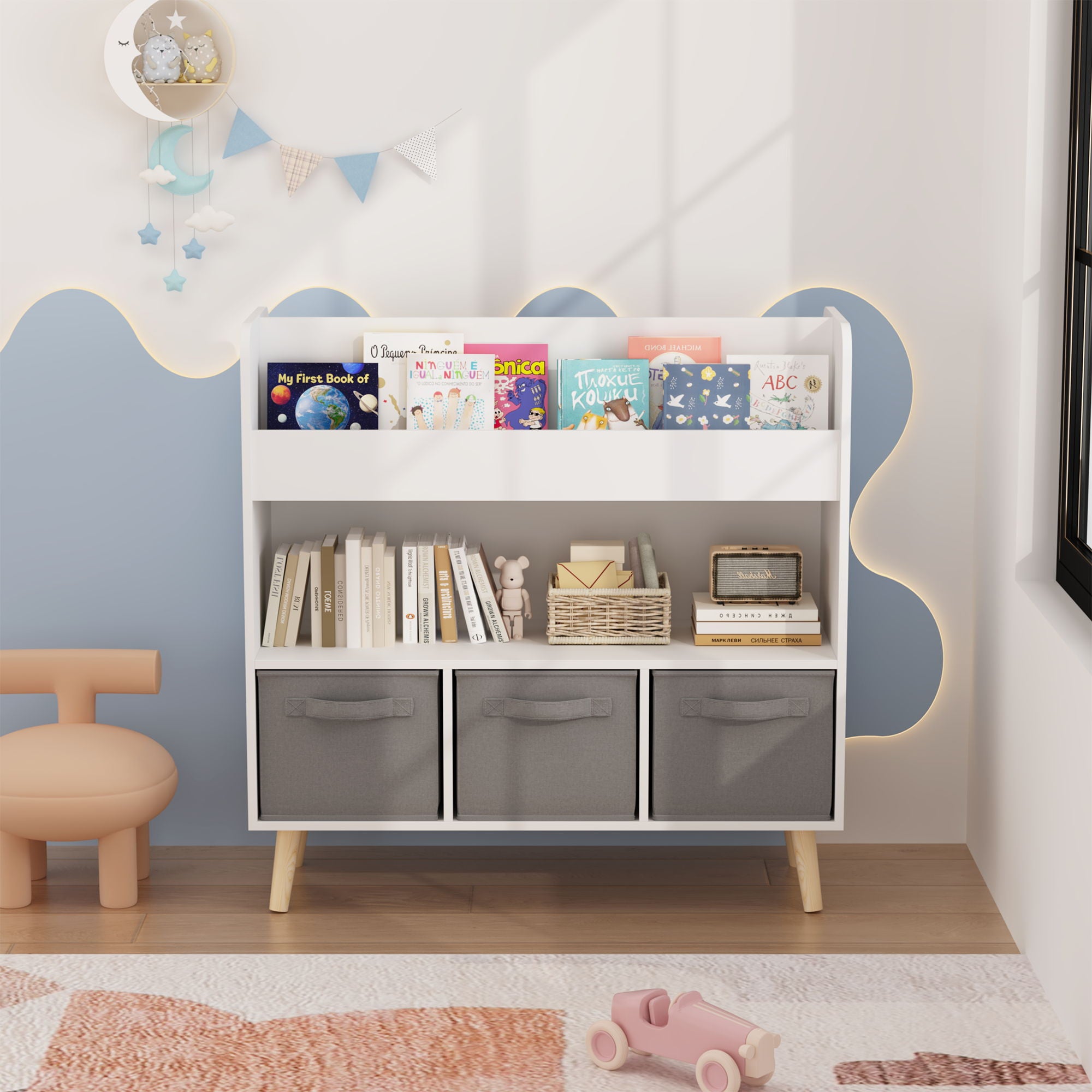 Bookshelf With 3 Bins, Storage Shelf For Toys And Books