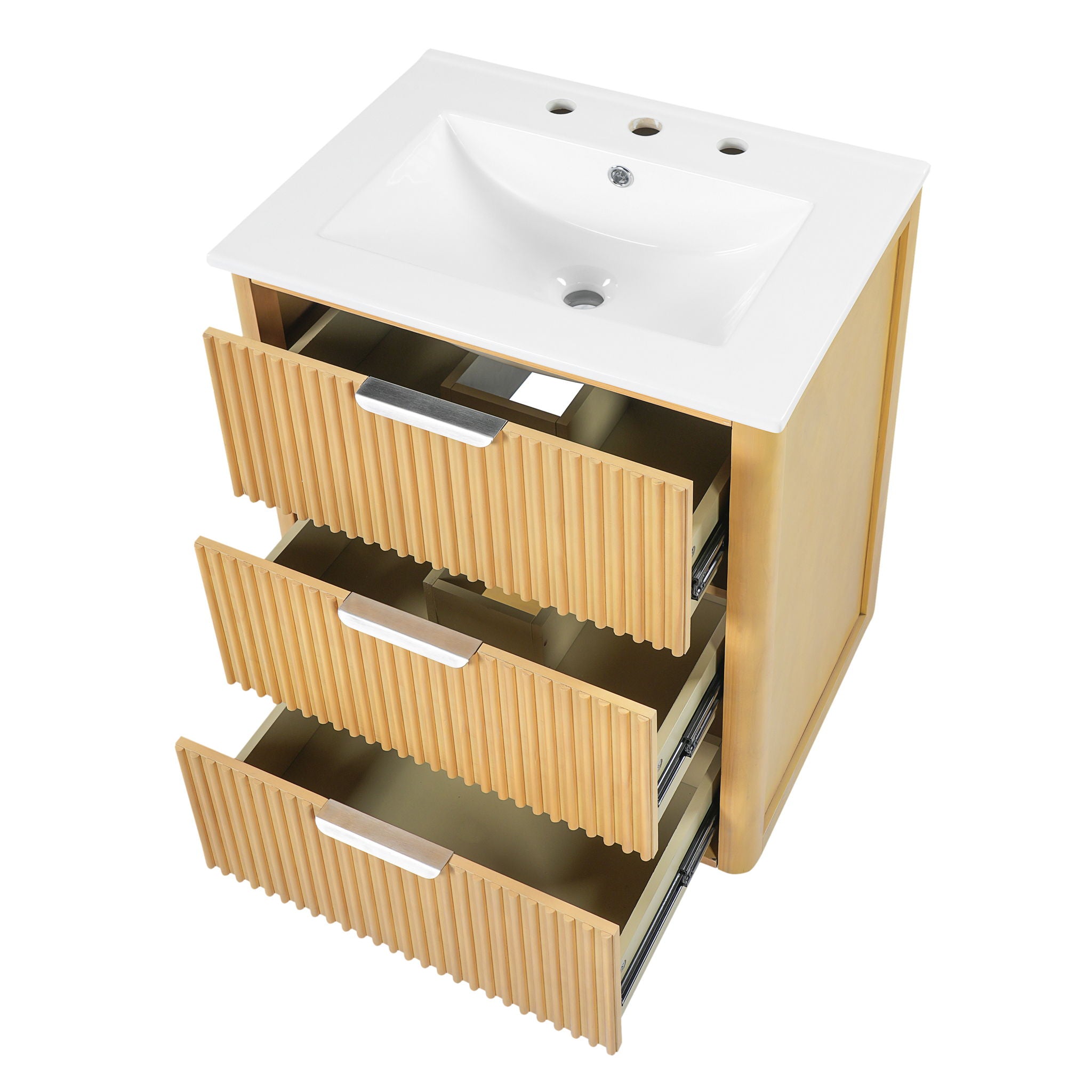Bathroom Vanity With Sink, Open Shelf & Closed Storage - Natural Wood