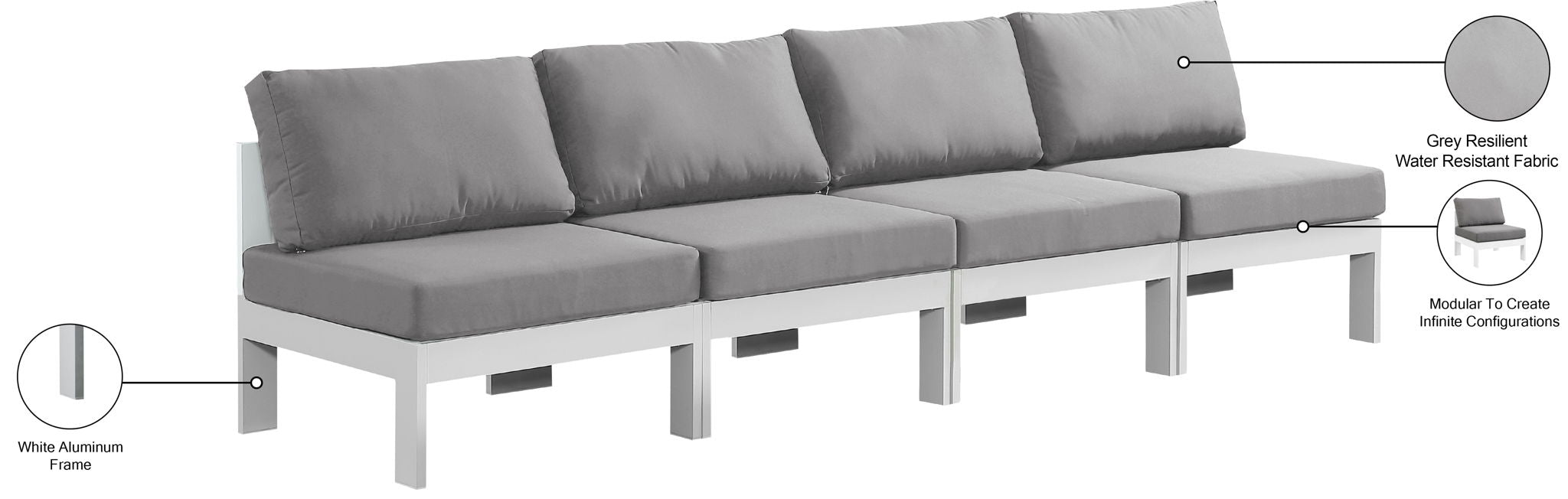 Nizuc - Outdoor Patio 4 Seat Armless Modular Sofa With White Frame
