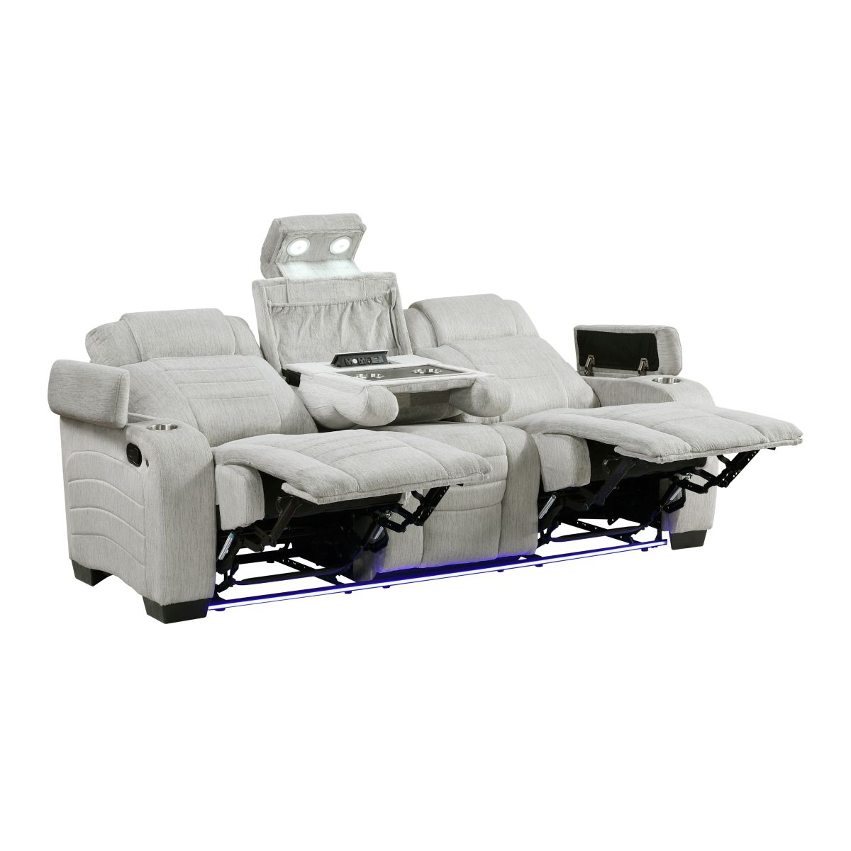 Ronan - Double Reclining Sofa With Center Drop-Down Cup Holders, Storage Arms, Cup Holders, Reading Lights, Magazine Bag, Receptacles, Charging Ports And Led - Gray