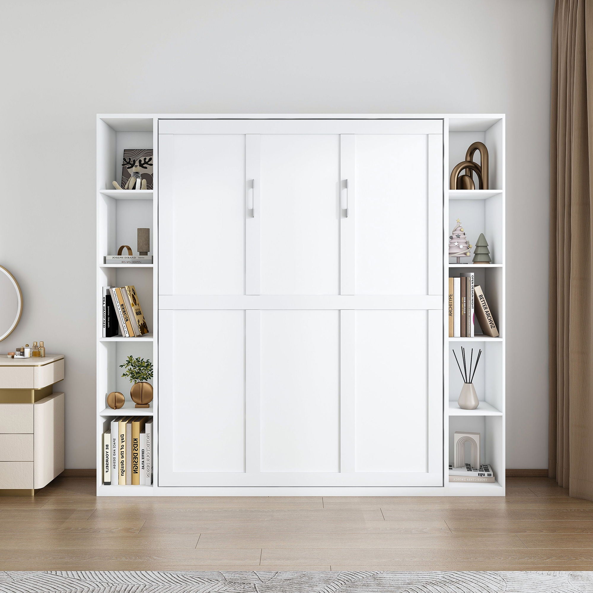 Queen Murphy Bed With Storage Cabinet, Foldable Wall Bed For Bedrooms - White