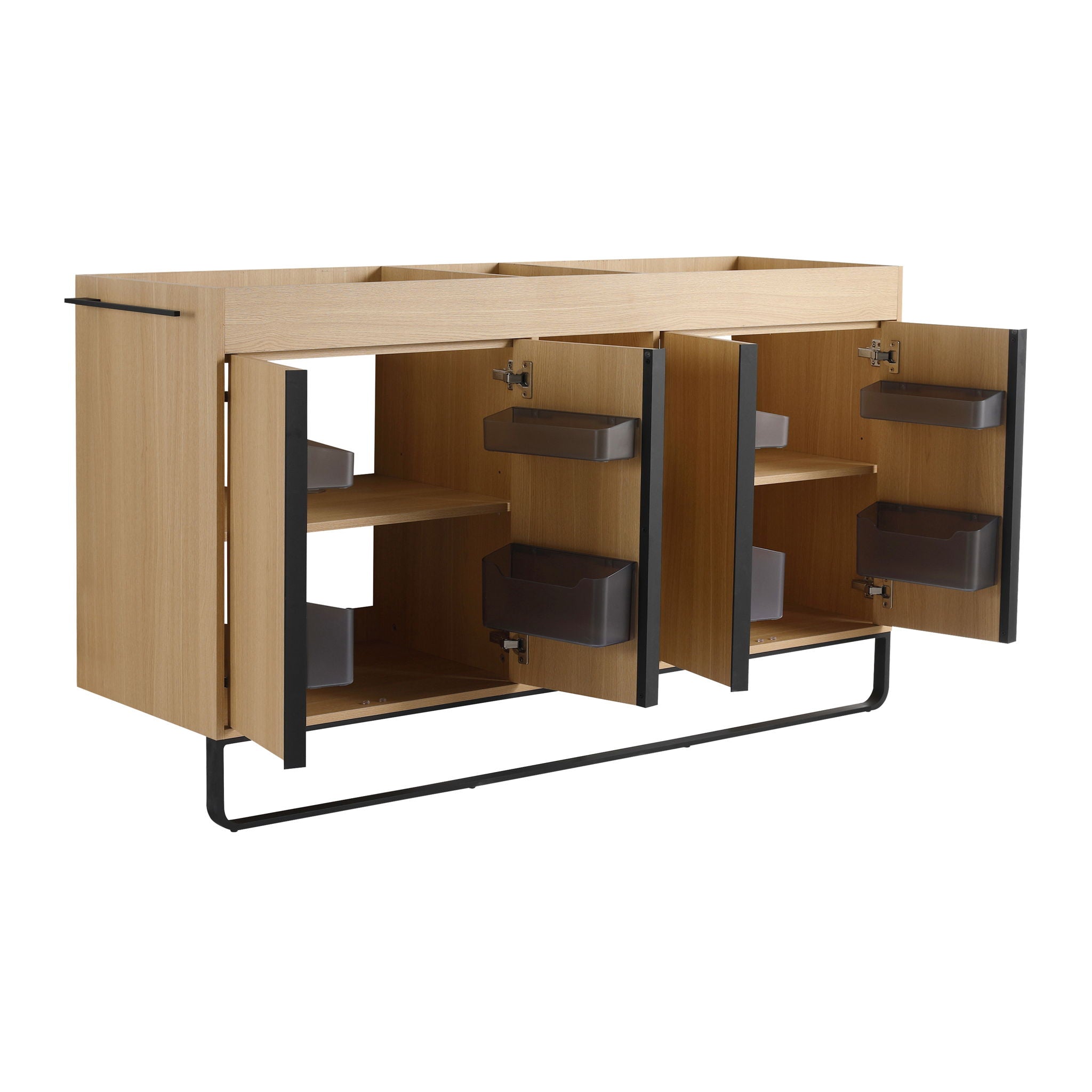 58" Freestanding Bathroom Cabinet With 4 Soft Close Doors & 3 Open Racks (Vanity Only, No Sink) - Oak