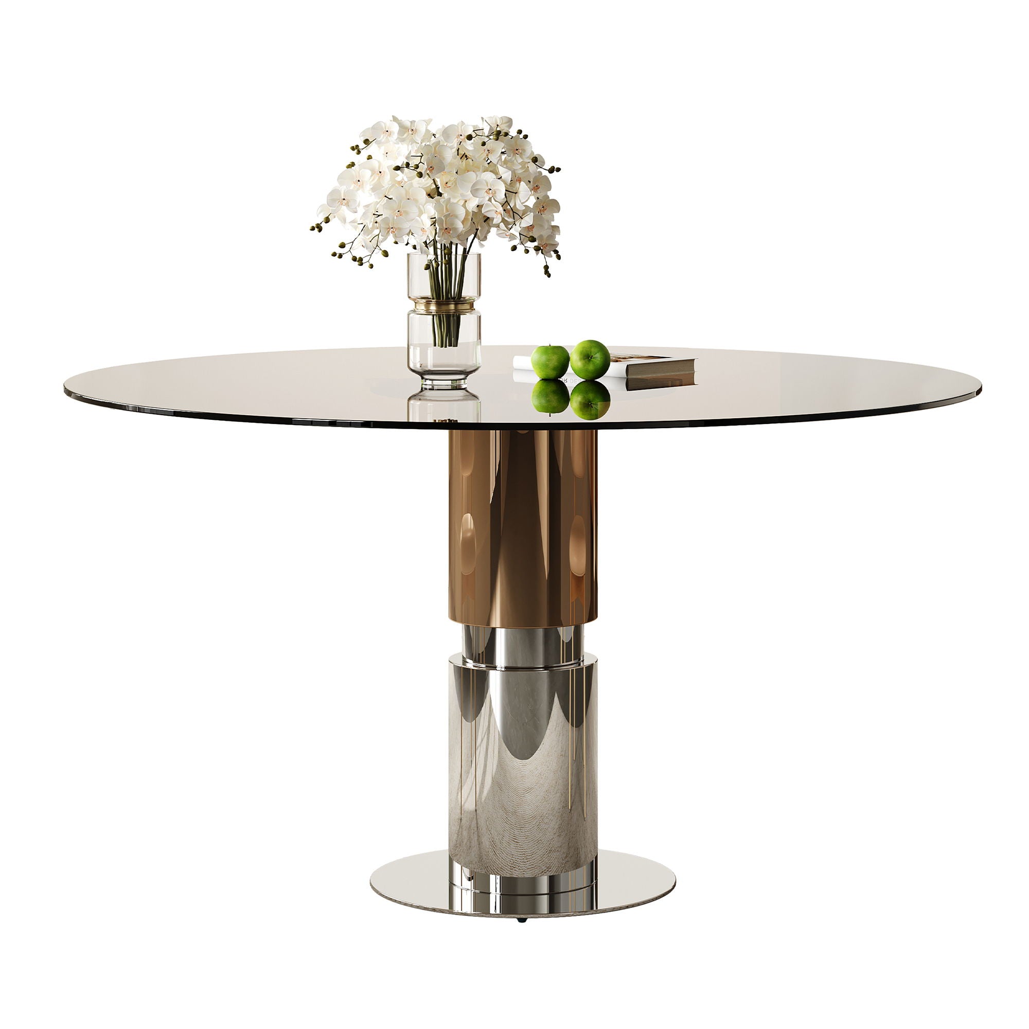 Round Dining Table / Tempered Glass Top - Brown