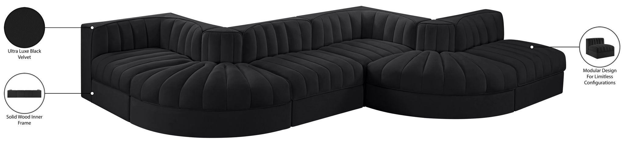 Rummi - Rounded Velvet Performance Fabric Upholstered 6 Piece Modular Sectional
