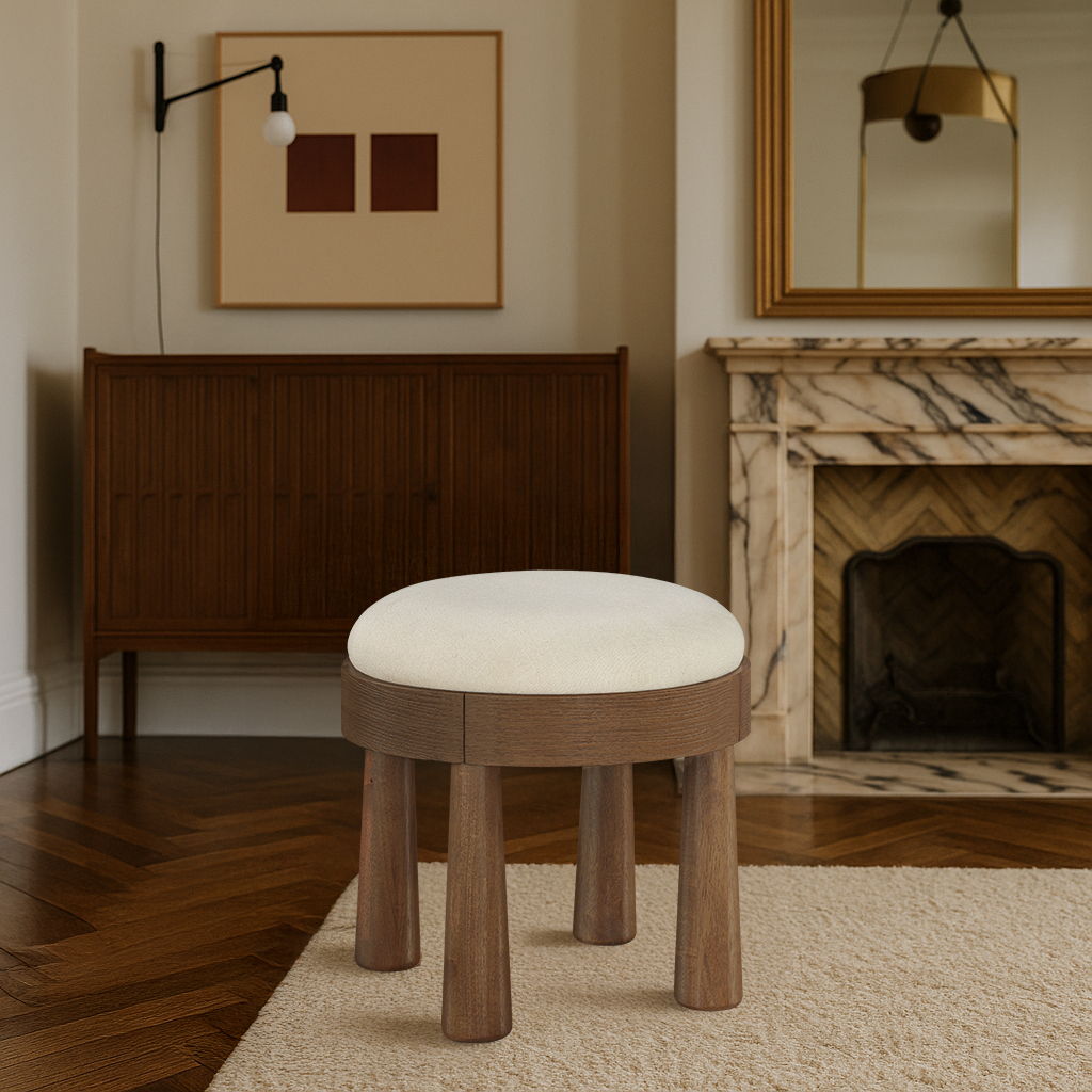 Larea - Linen Textured Fabric Upholstered Ottoman - Walnut Base