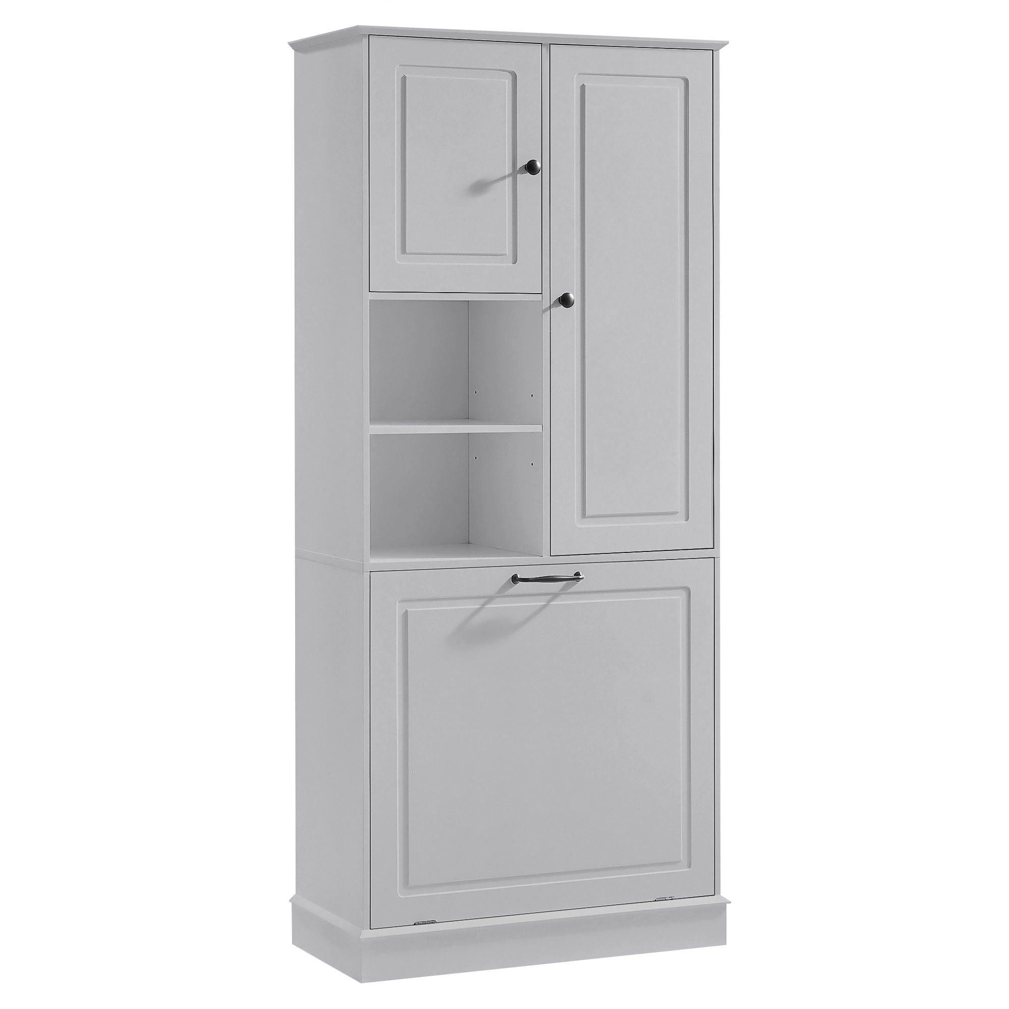 Modern Tall Storage Cabinet With Adjustable Shelves, Flip-Out Basket & Enclosed Doors