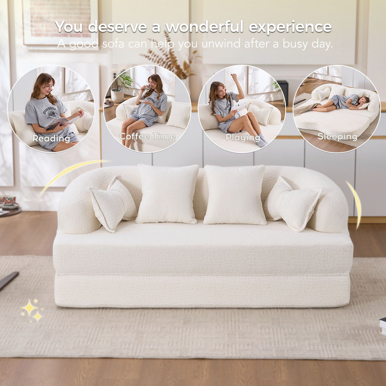 Foldable Sofa Bed, Boneless Couch Convertible Sleeper With 4 Pillows